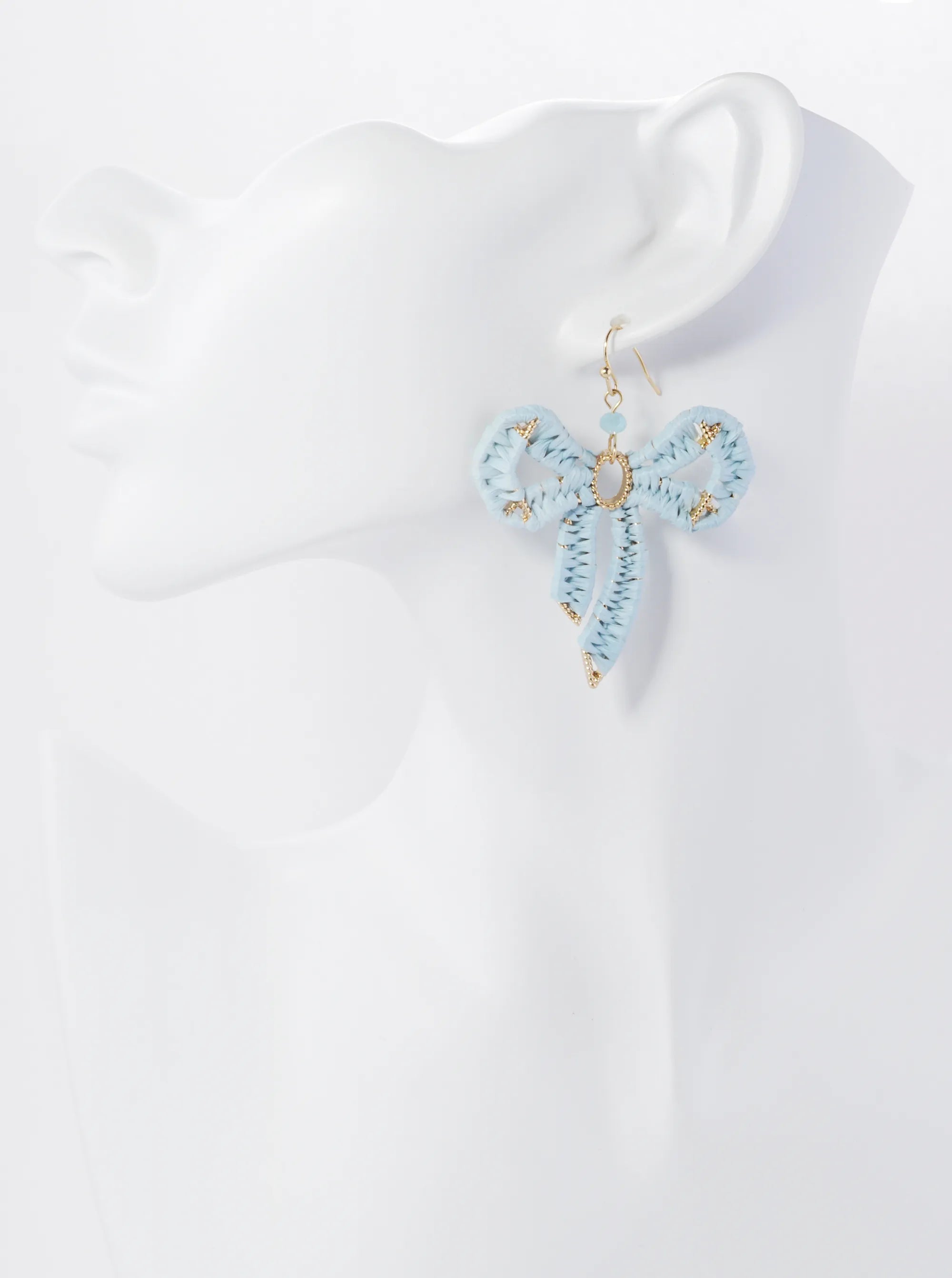 Raffia Wrapped Ribbon Bow Dangle Drop Earrings