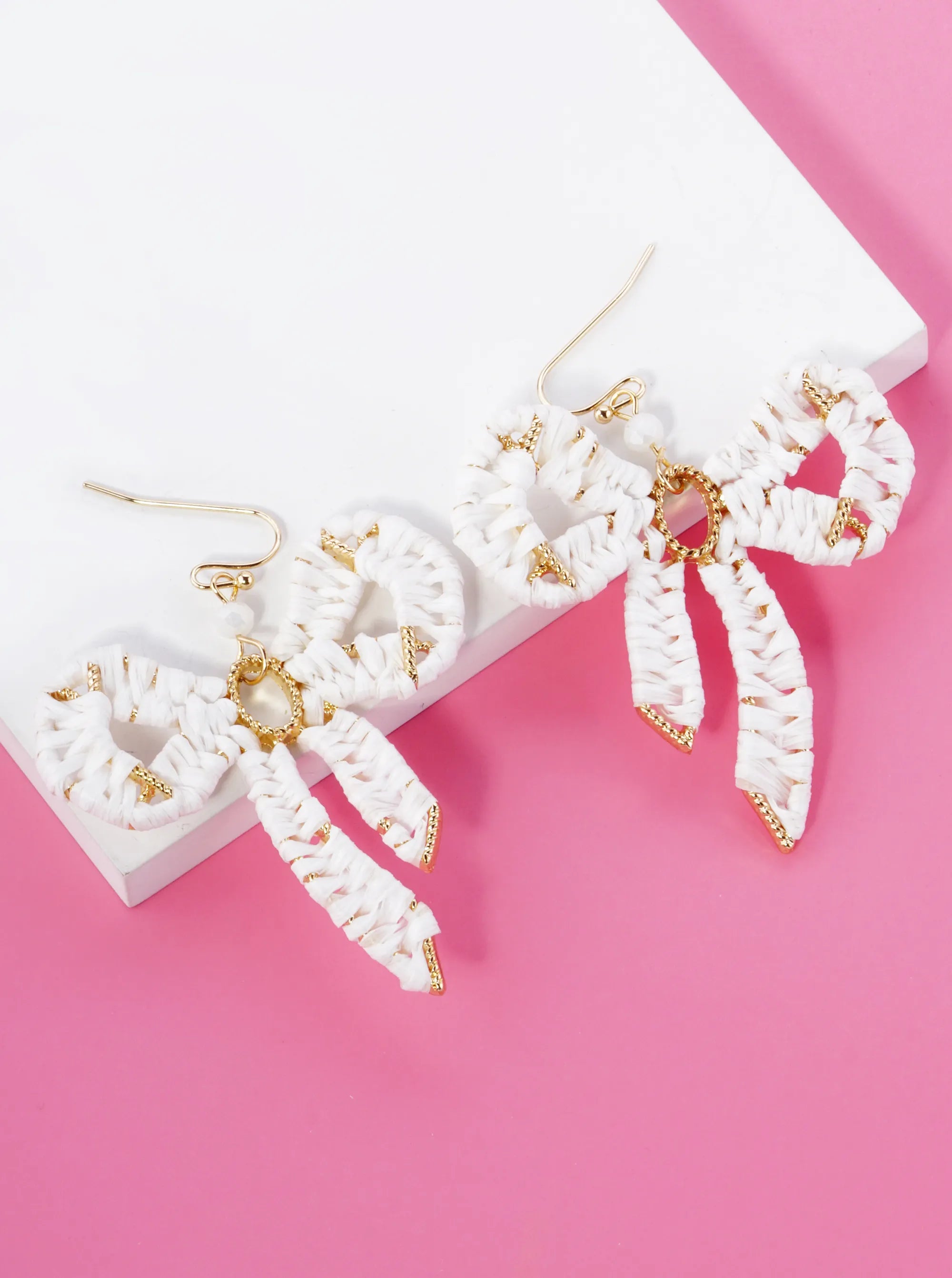 Raffia Wrapped Ribbon Bow Dangle Drop Earrings