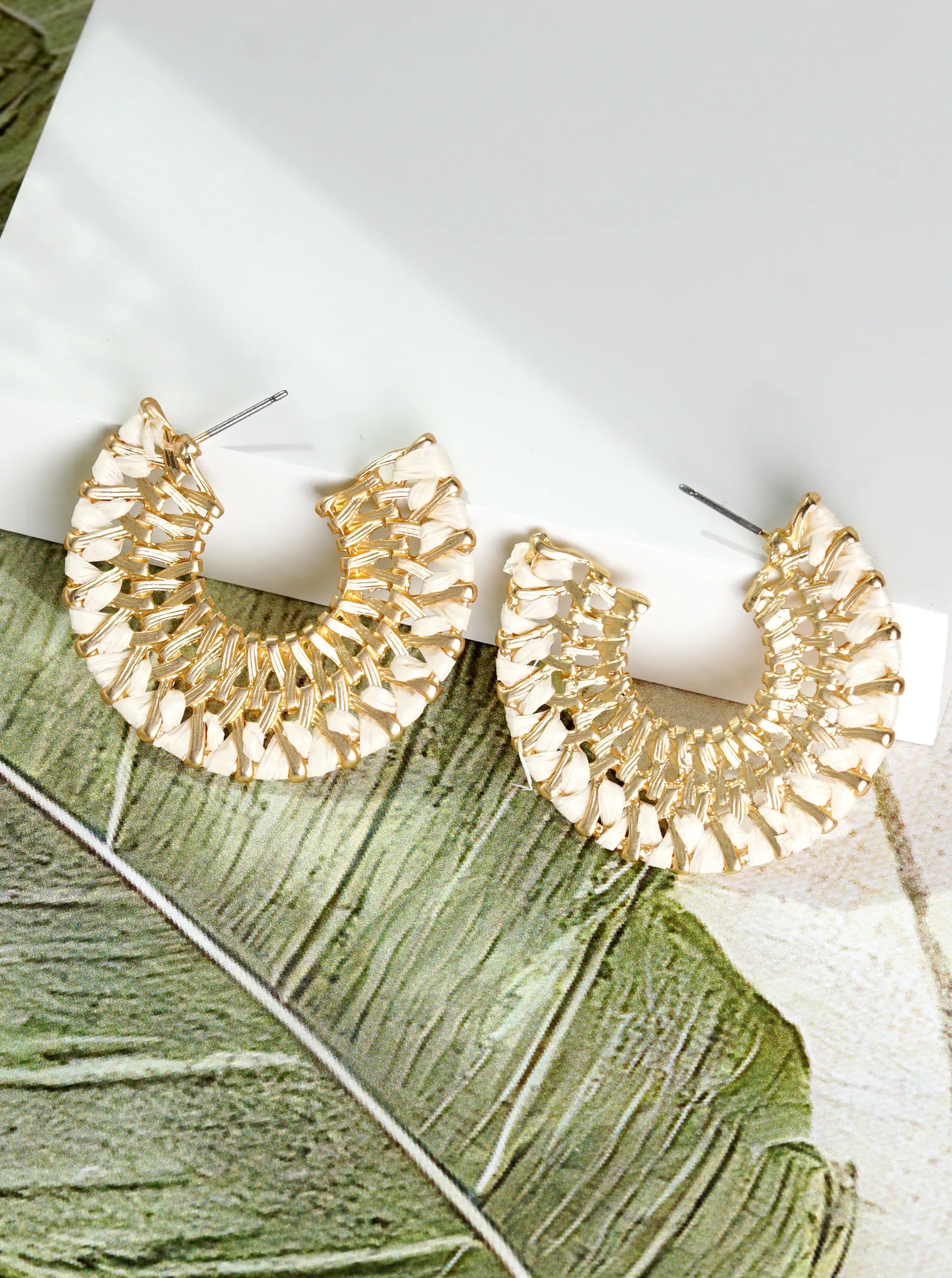 Raffia Wrapped Textured Metal Wide Open Hoop Earrings