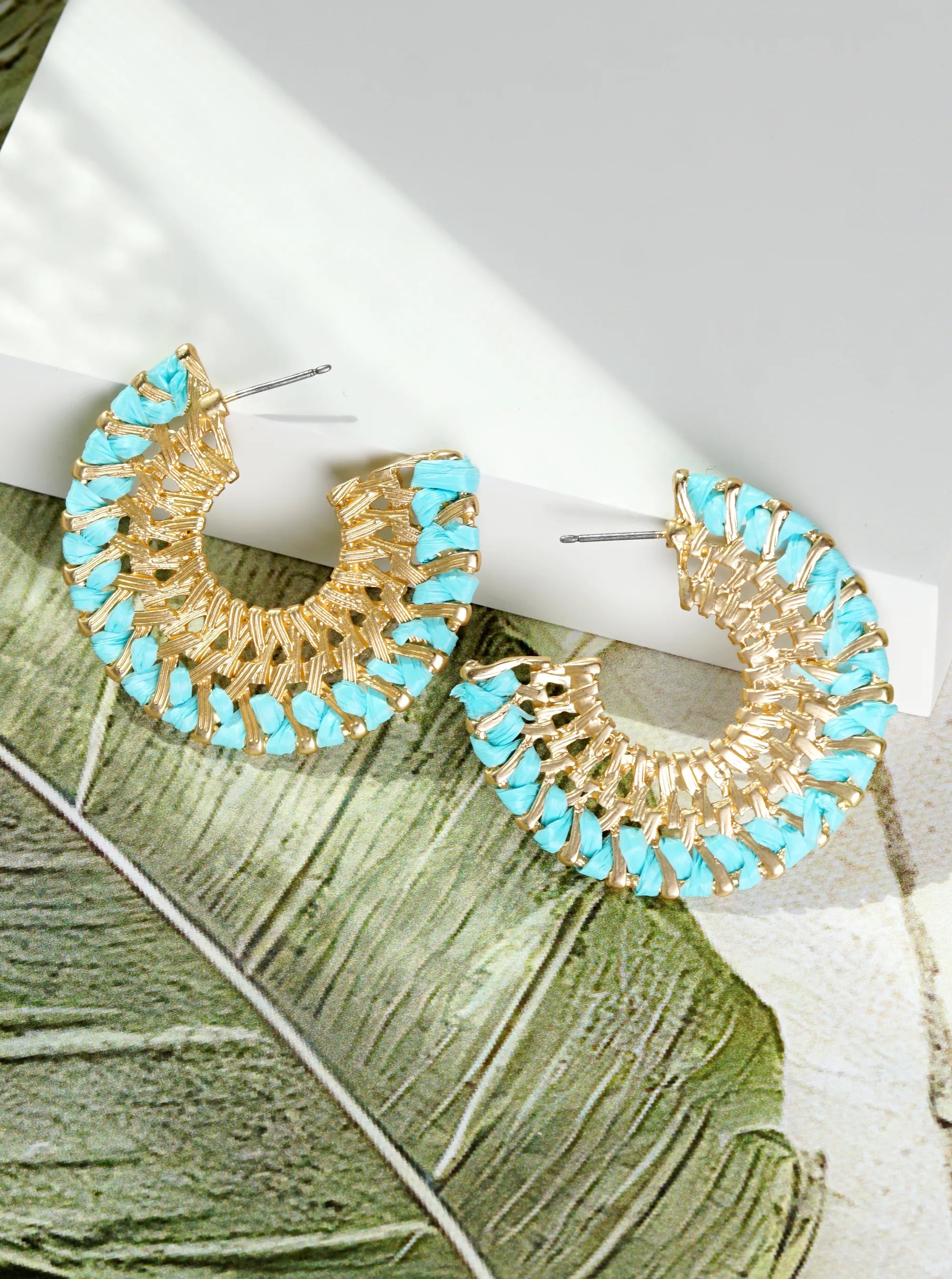 Raffia Wrapped Textured Metal Wide Open Hoop Earrings