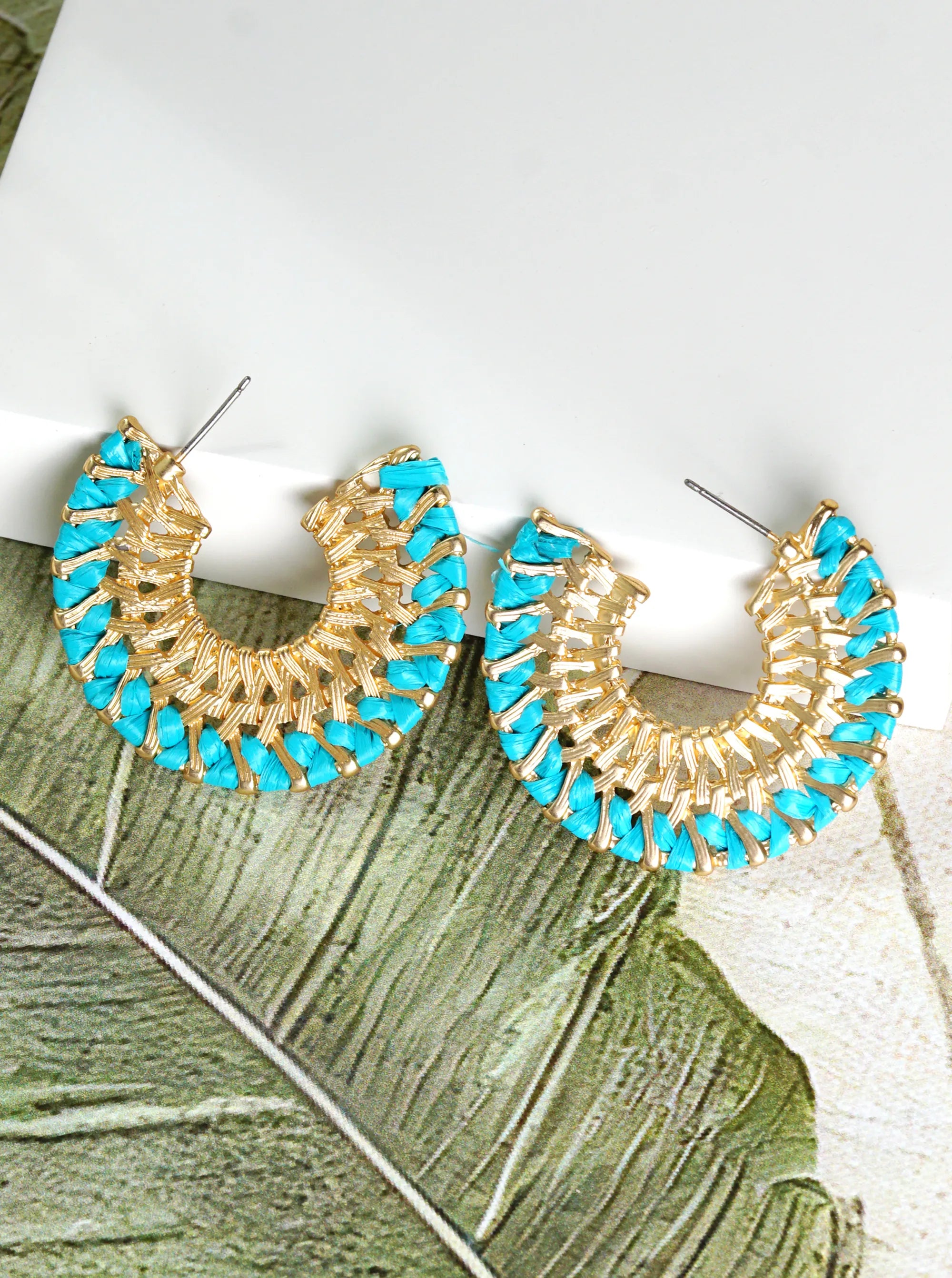 Raffia Wrapped Textured Metal Wide Open Hoop Earrings