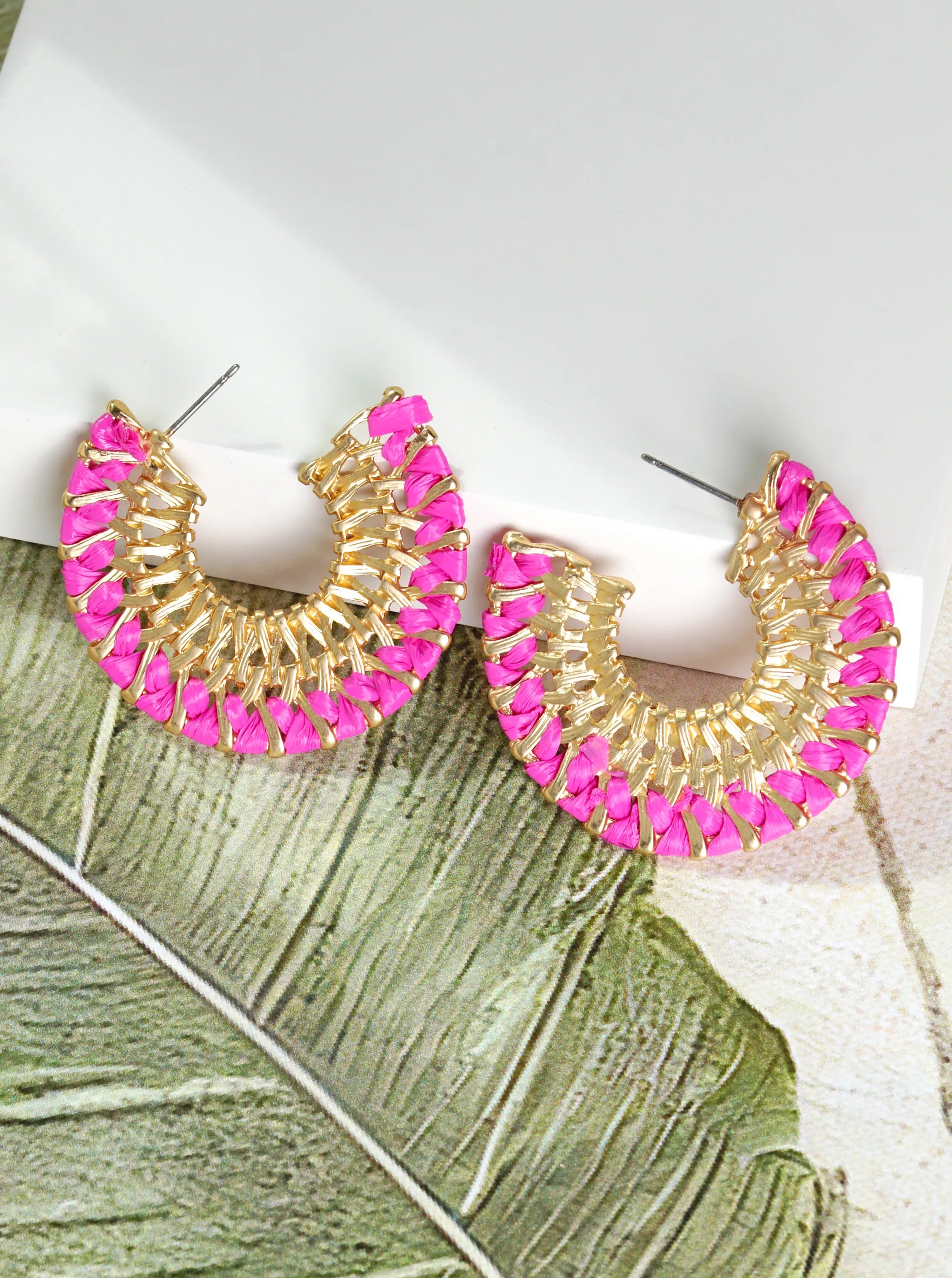 Raffia Wrapped Textured Metal Wide Open Hoop Earrings