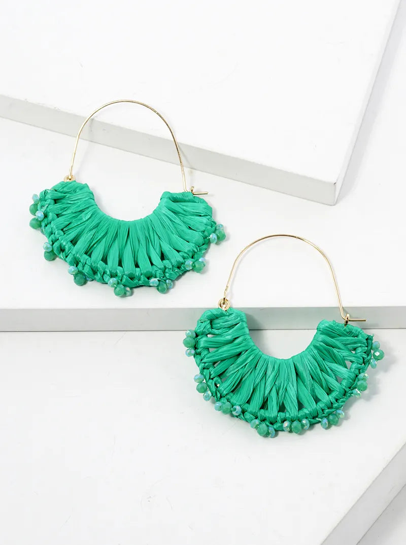 Raffia Wrapped With Glass Beads Dangle Earrings