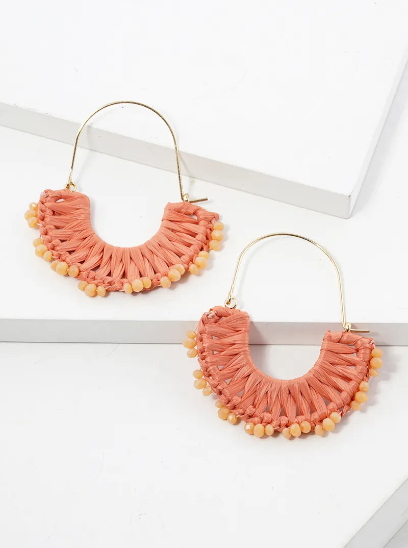 Raffia Wrapped With Glass Beads Dangle Earrings