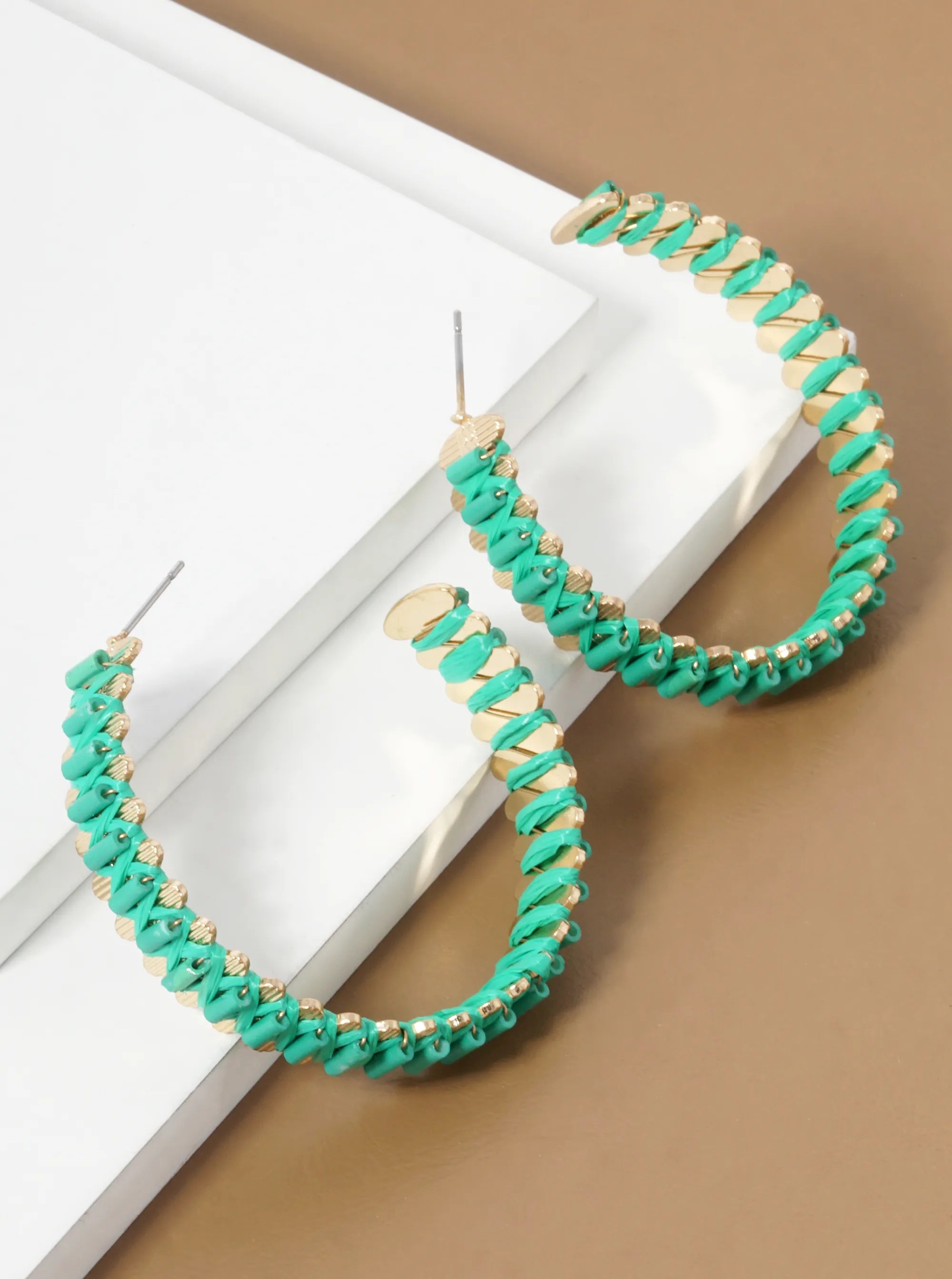 Raffia And Cylinder Glass Beaded 45mm Open Hoop Earrings