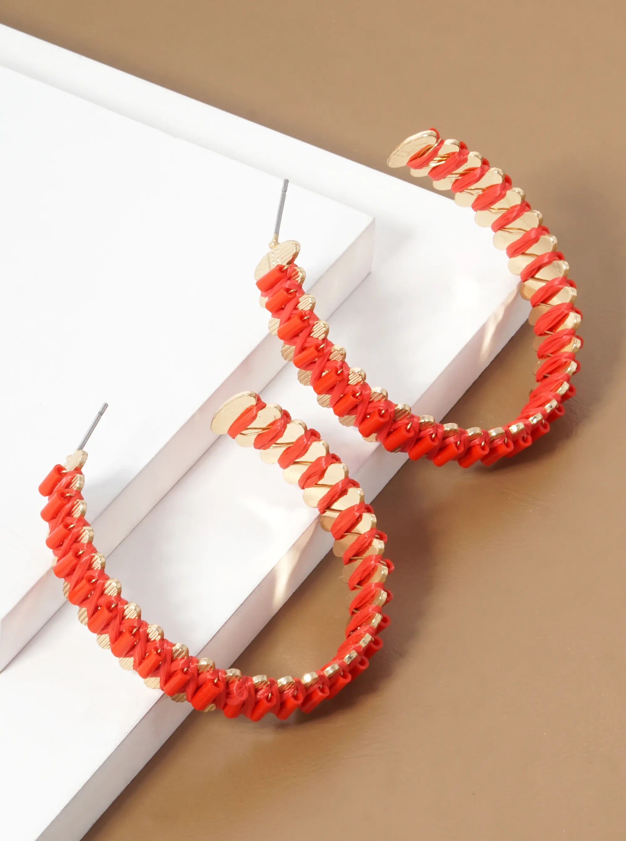 Raffia And Cylinder Glass Beaded 45mm Open Hoop Earrings