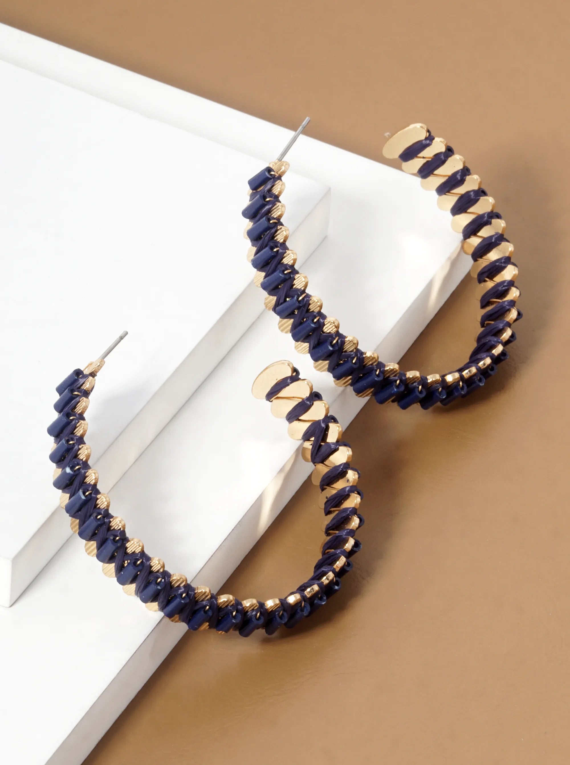 Raffia And Cylinder Glass Beaded 45mm Open Hoop Earrings