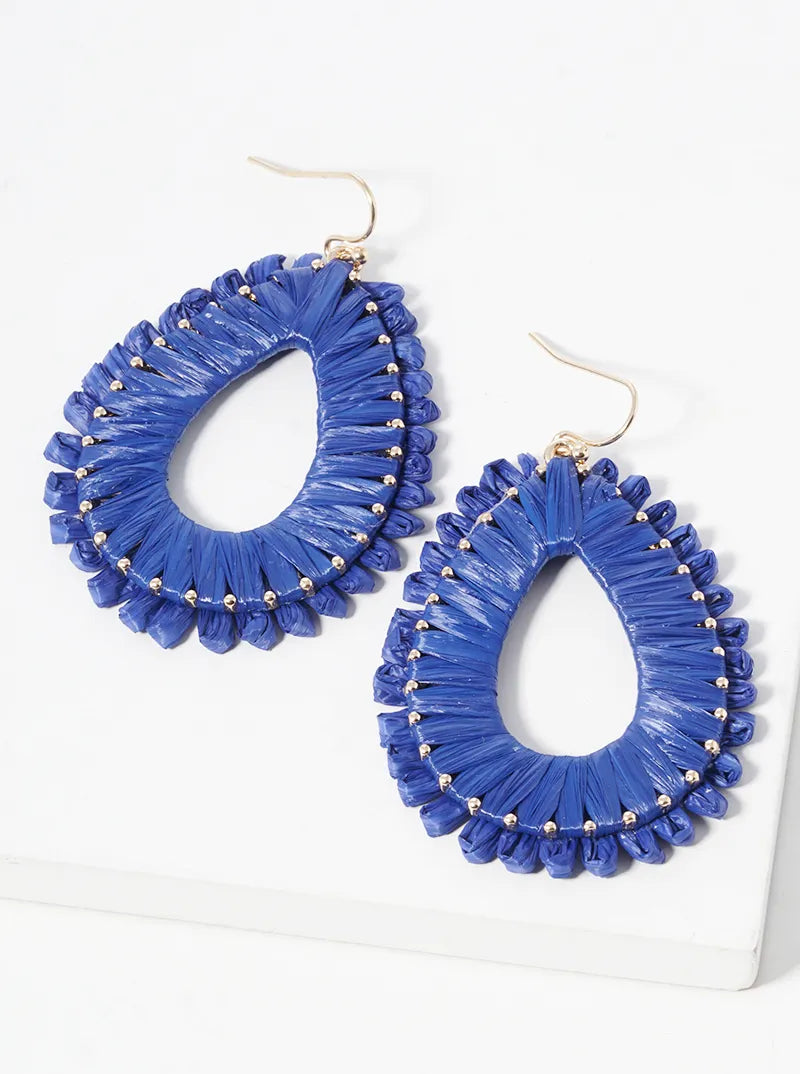 Raffia Wrapped Teardrop Fringe Dangle Drop Earrings