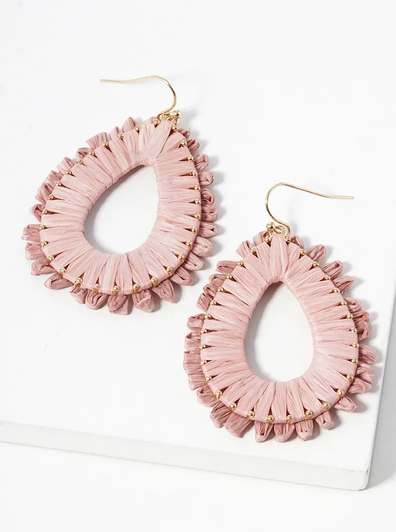 Raffia Wrapped Teardrop Fringe Dangle Drop Earrings