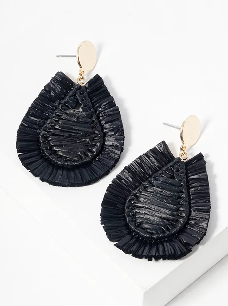 Raffia Wrapped Teardrop Fringe Statement Dangle Post Earrings