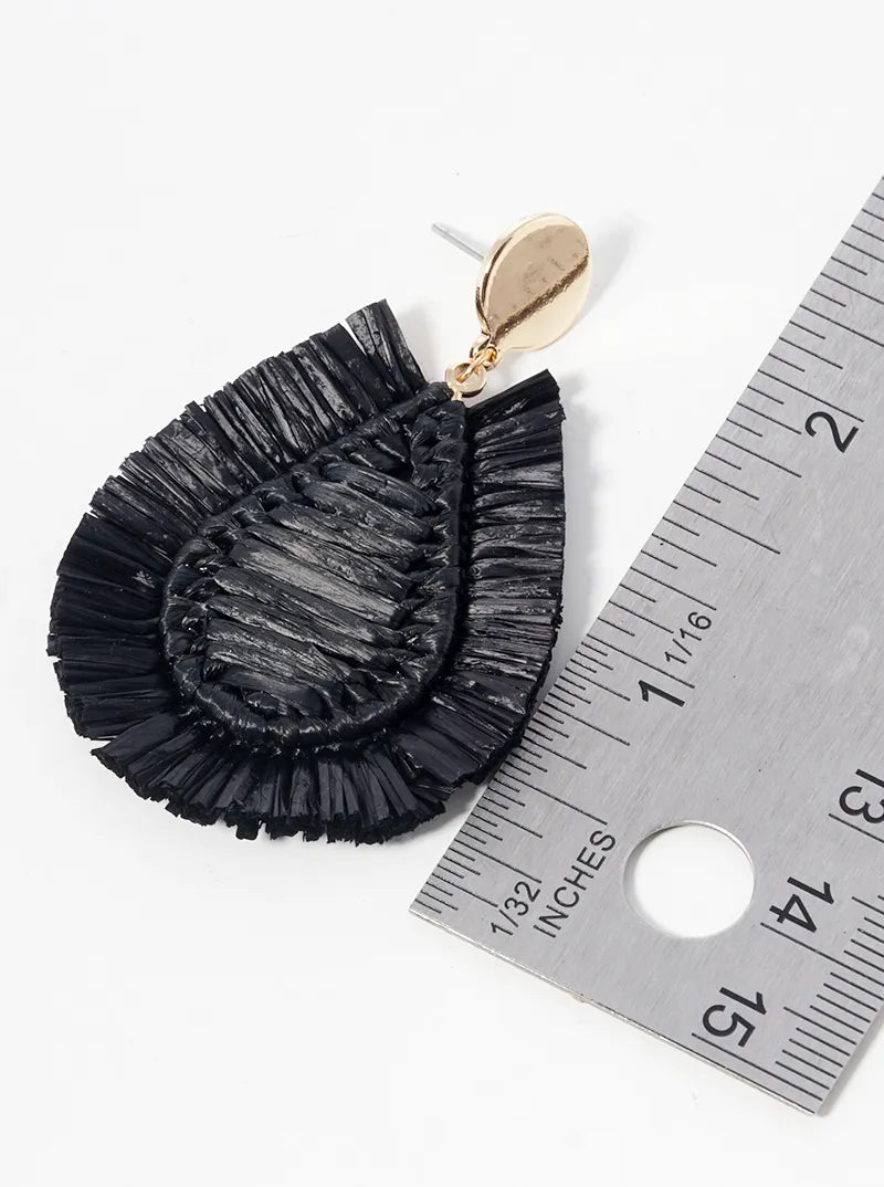 Raffia Wrapped Teardrop Fringe Statement Dangle Post Earrings