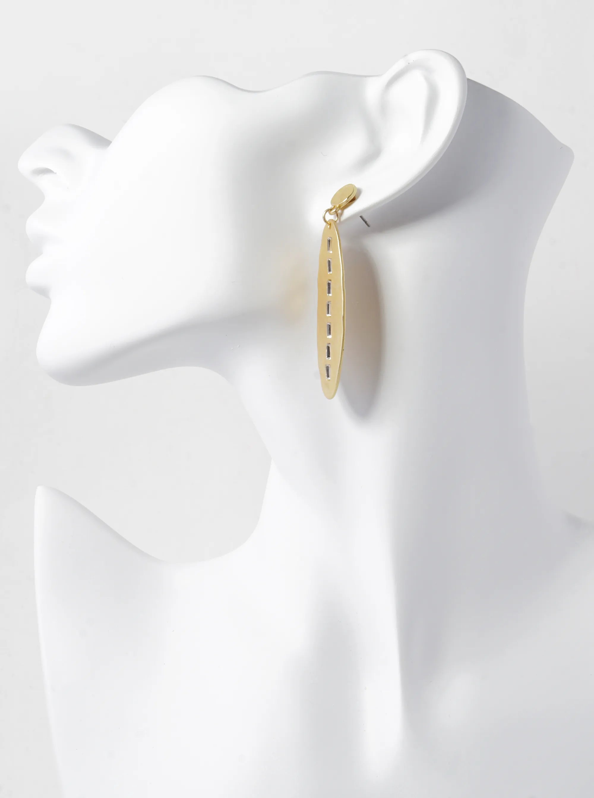 Rectangle Crystal Studded Hammered Metal Oval Drop Post Earrings