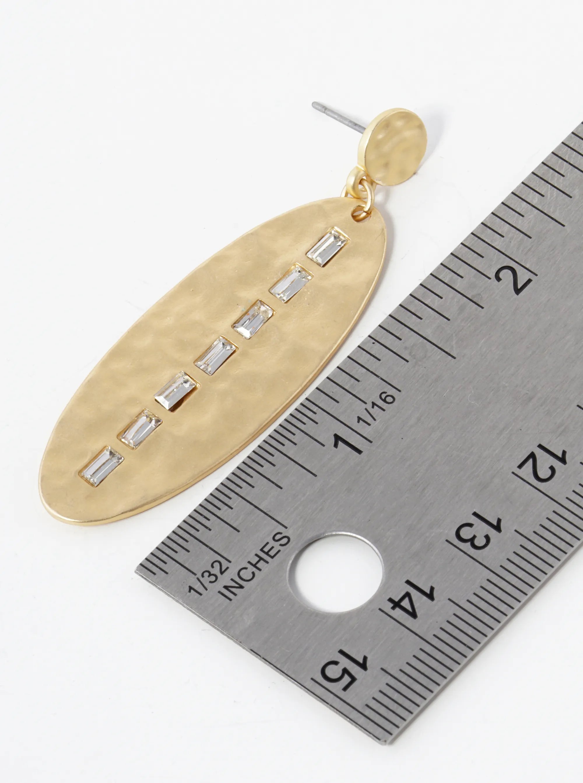 Rectangle Crystal Studded Hammered Metal Oval Drop Post Earrings