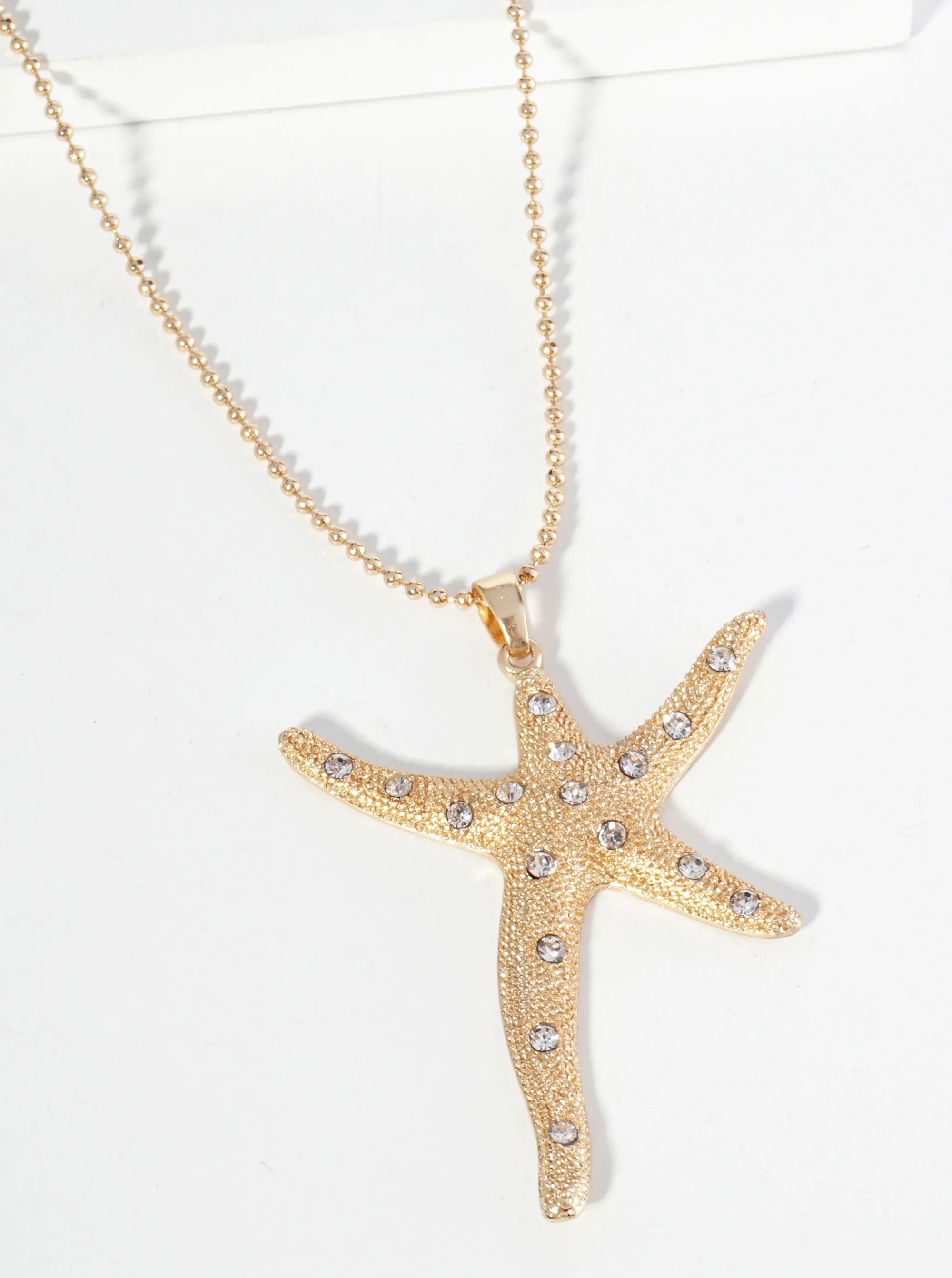 Rhinestone Embedded Sea Star Starfish Pendant 17 Inch Ball Chain Necklace