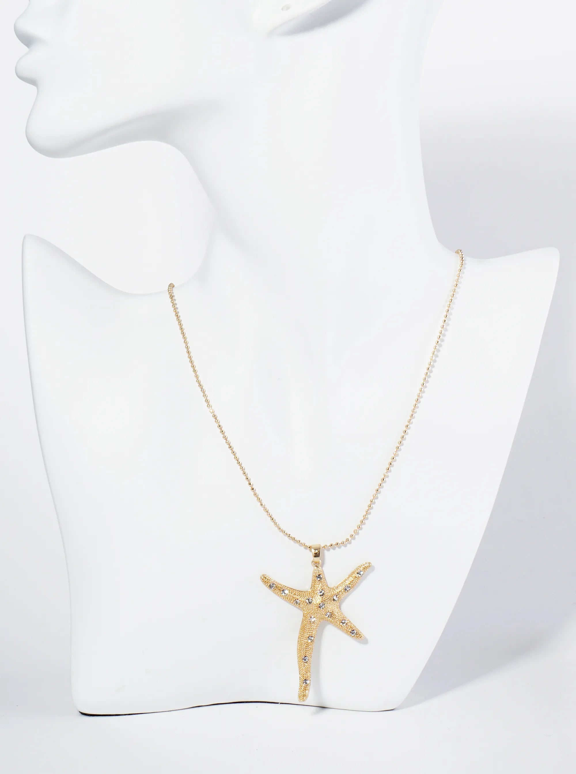 Rhinestone Embedded Sea Star Starfish Pendant 17 Inch Ball Chain Necklace