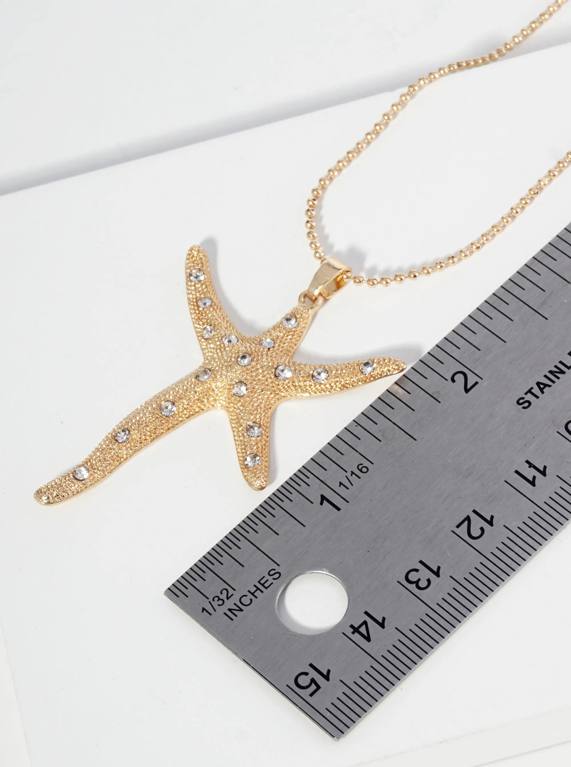 Rhinestone Embedded Sea Star Starfish Pendant 17 Inch Ball Chain Necklace