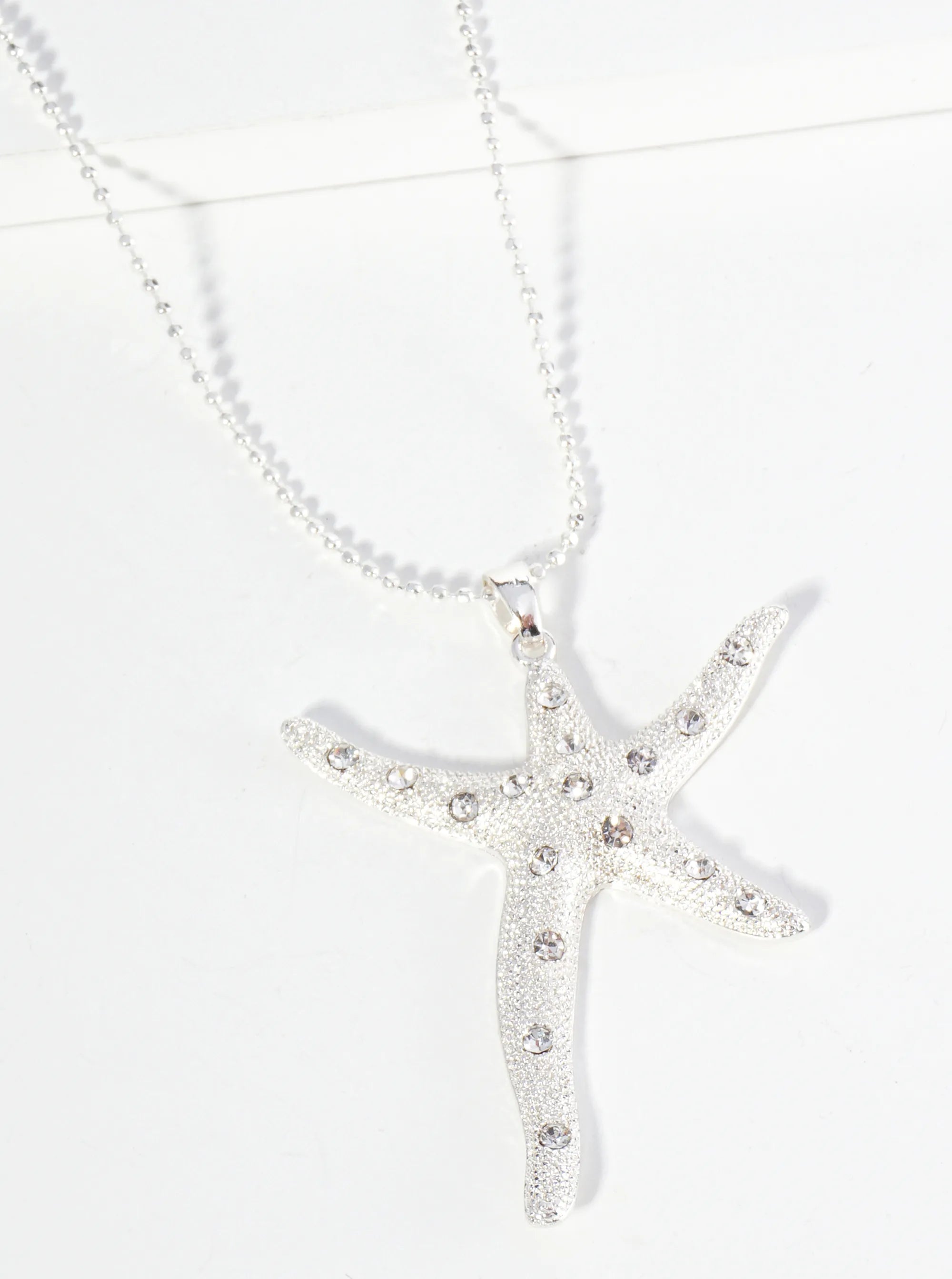 Rhinestone Embedded Sea Star Starfish Pendant 17 Inch Ball Chain Necklace