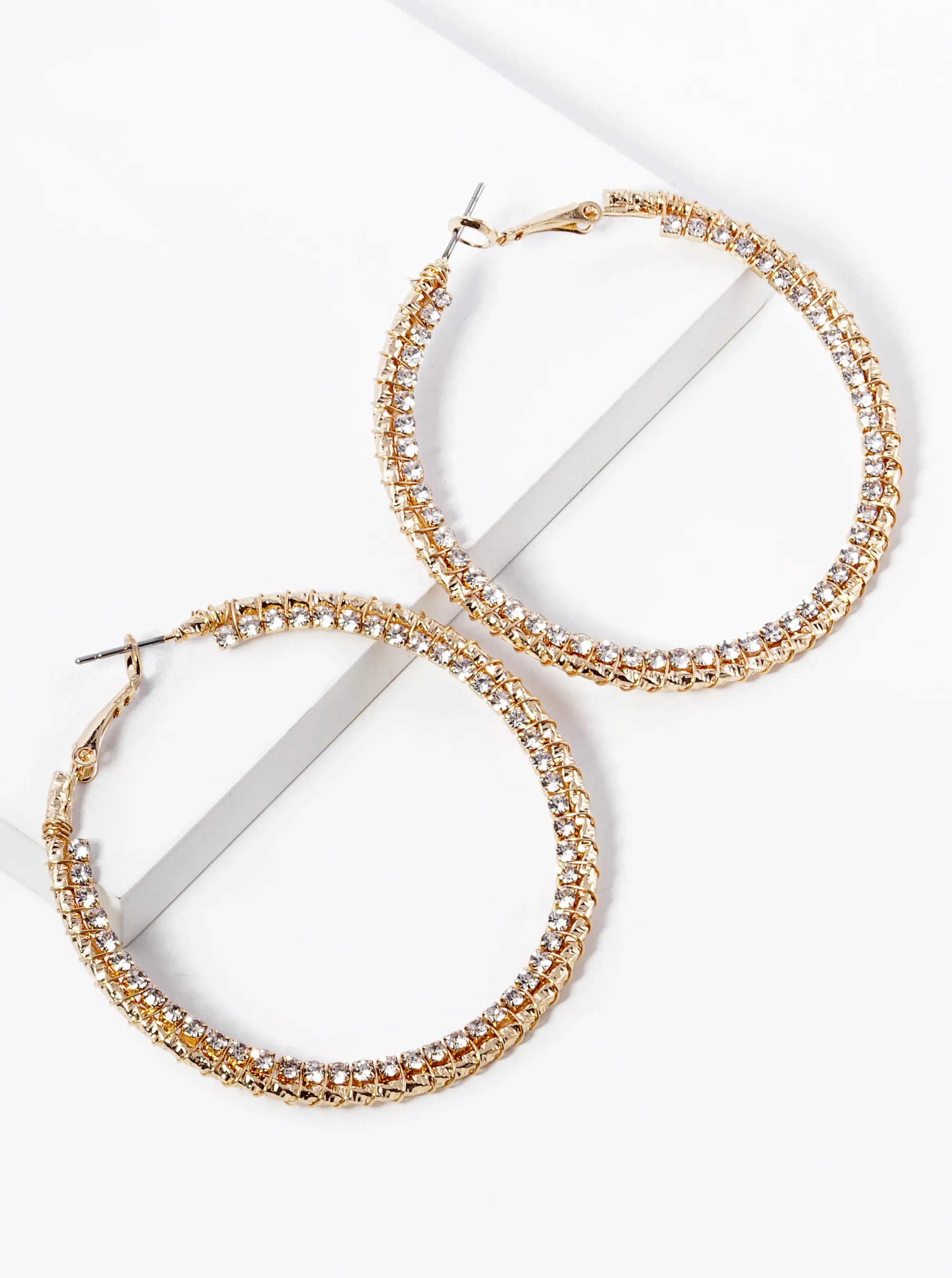 Rhinestone Wire Wrapped 50mm Latch Back Hoop Earrings