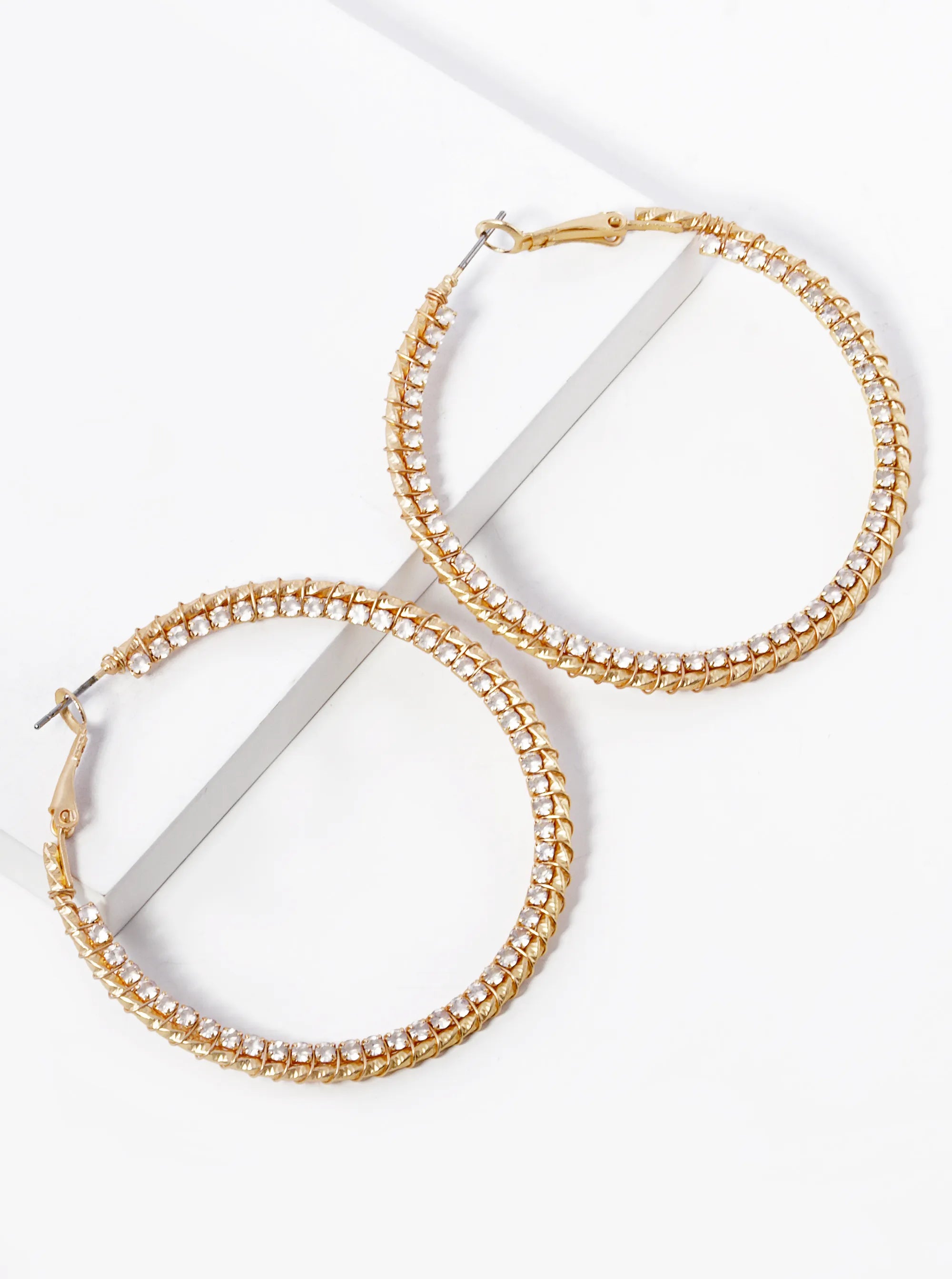 Rhinestone Wire Wrapped 50mm Latch Back Hoop Earrings