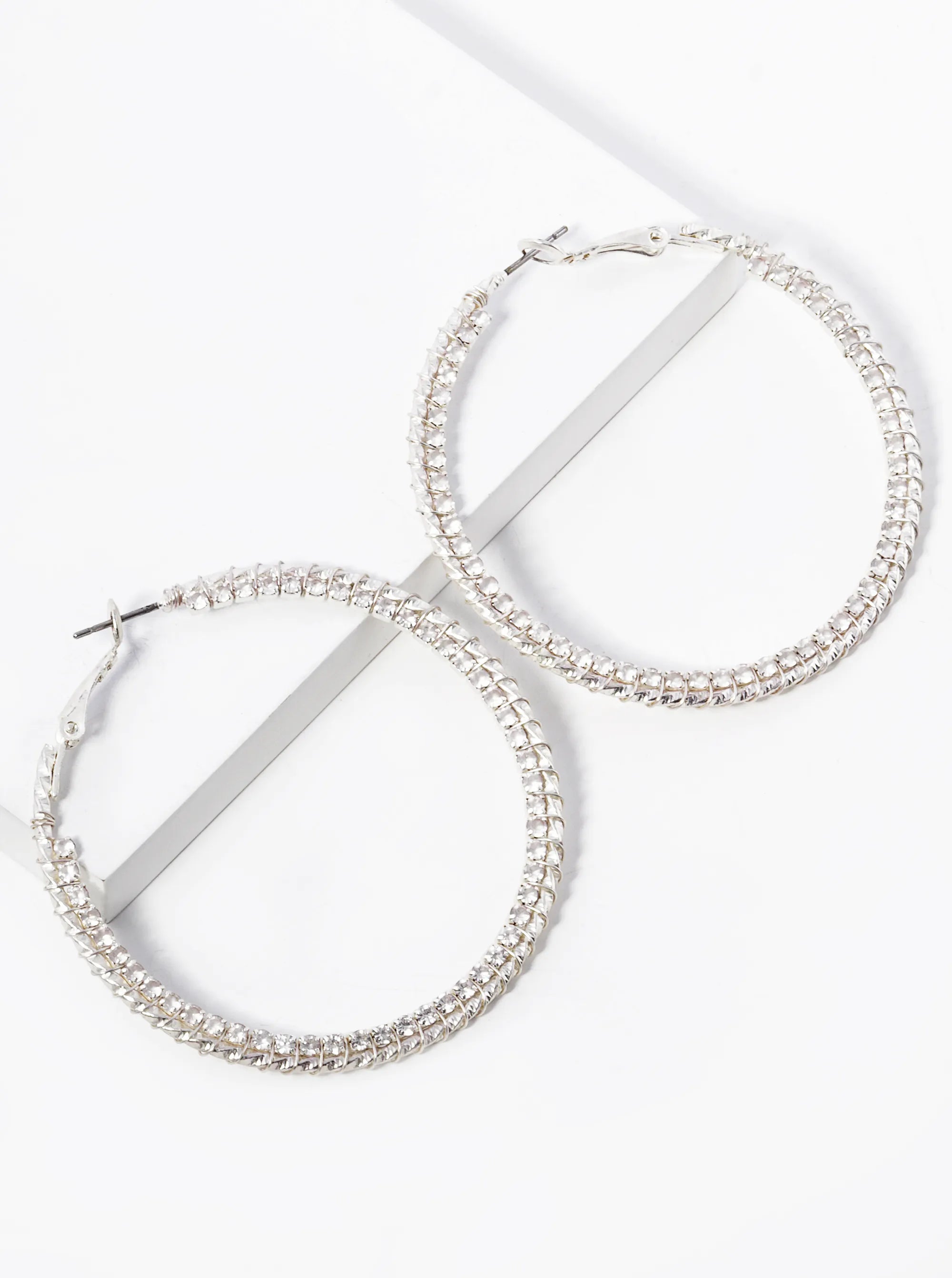 Rhinestone Wire Wrapped 50mm Latch Back Hoop Earrings