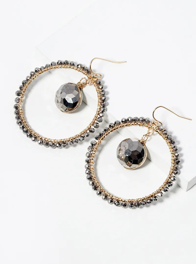 Round Crystal In Beaded Circle Drop Dangle Earrings