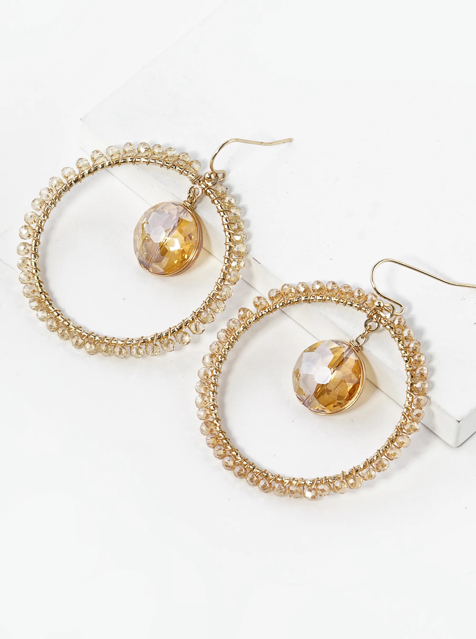 Round Crystal In Beaded Circle Drop Dangle Earrings
