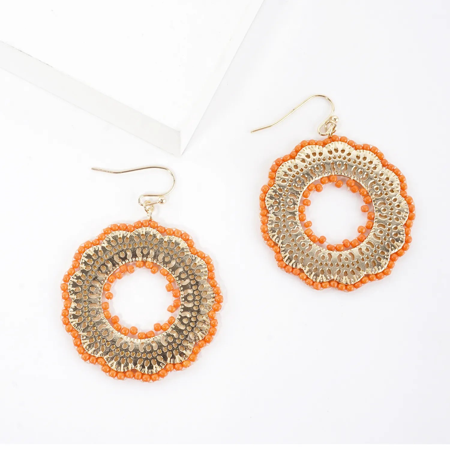 Round Stenciled Seed Beads Wrapped Dangle Earrings