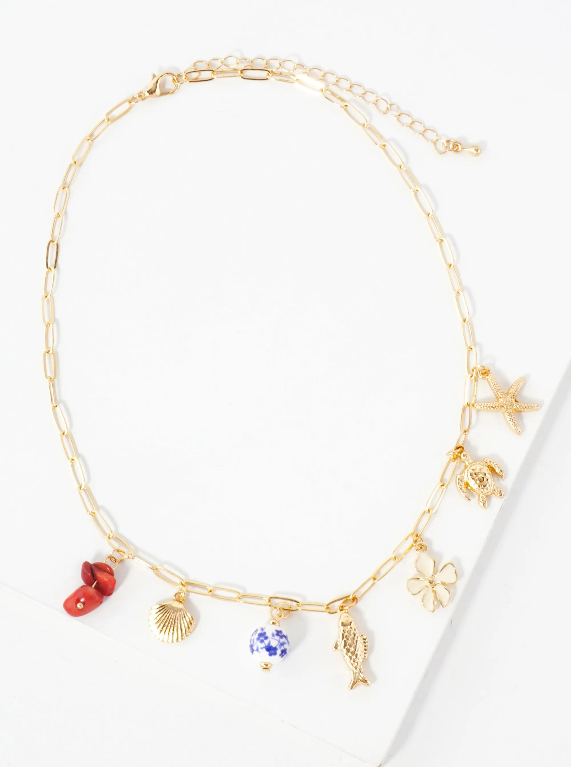 Sea-Life Seashell Fish Turtle Starfish Flower Porcelain Bead 16-Inch Charm Necklace