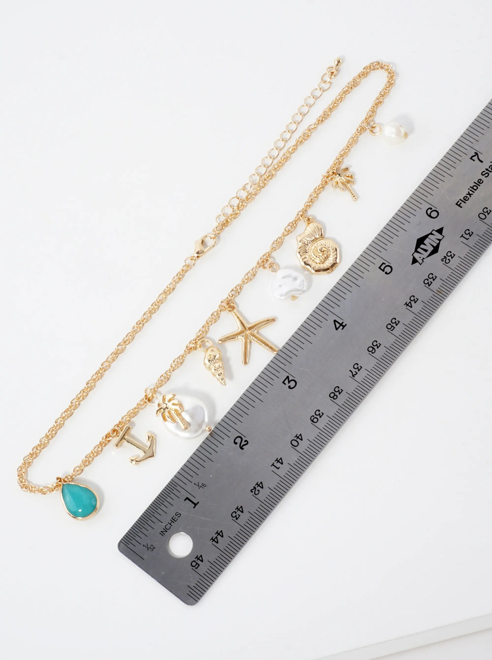 Sea-Life Teardrop Semi-Precious Natural-Stone Anchor Palm-Tree Pearl Conch Seashell Starfish 16-Inch Nautical Charm Necklace