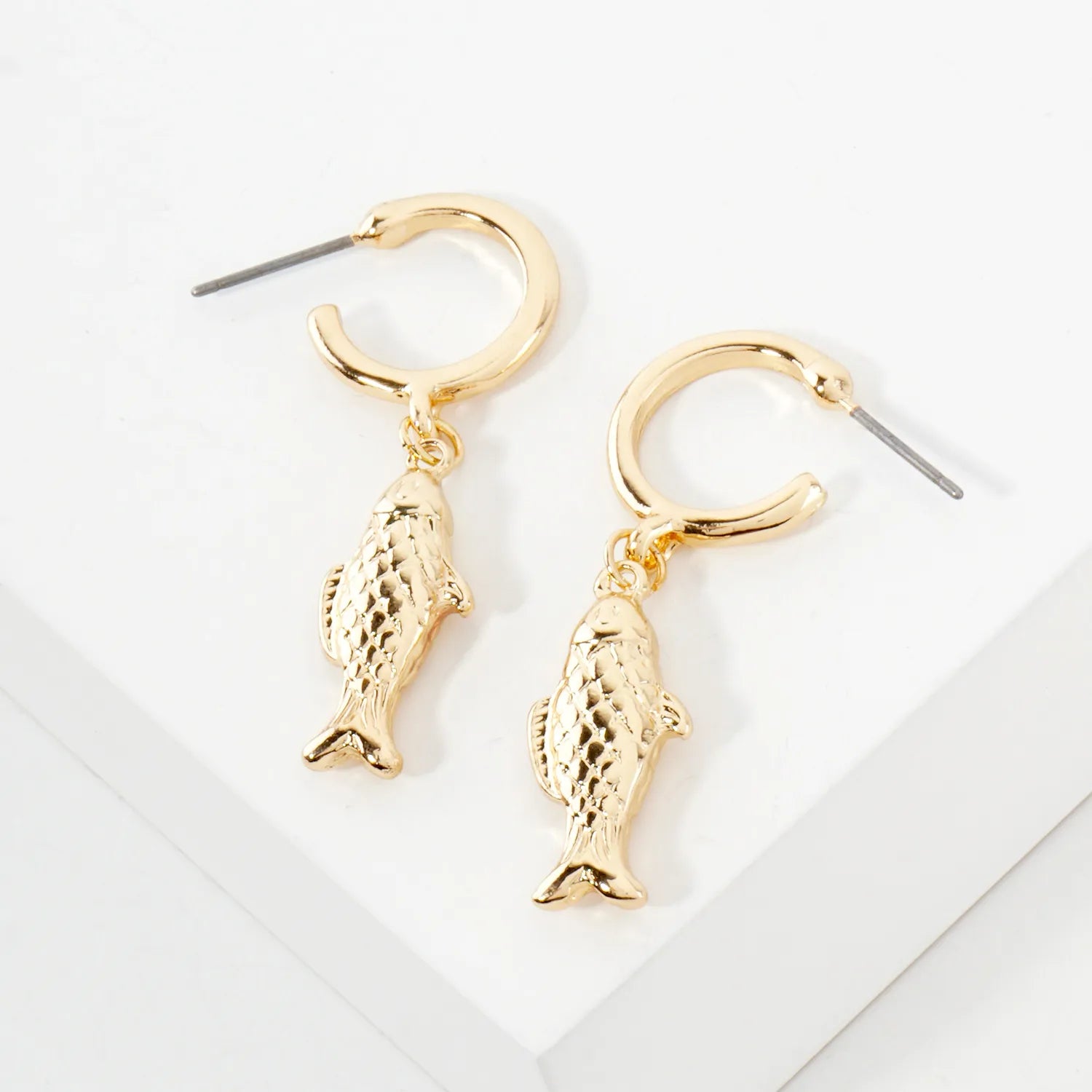 Sea-Life Textured Fish Charm 14mm Open Huggie Hoop Earrings