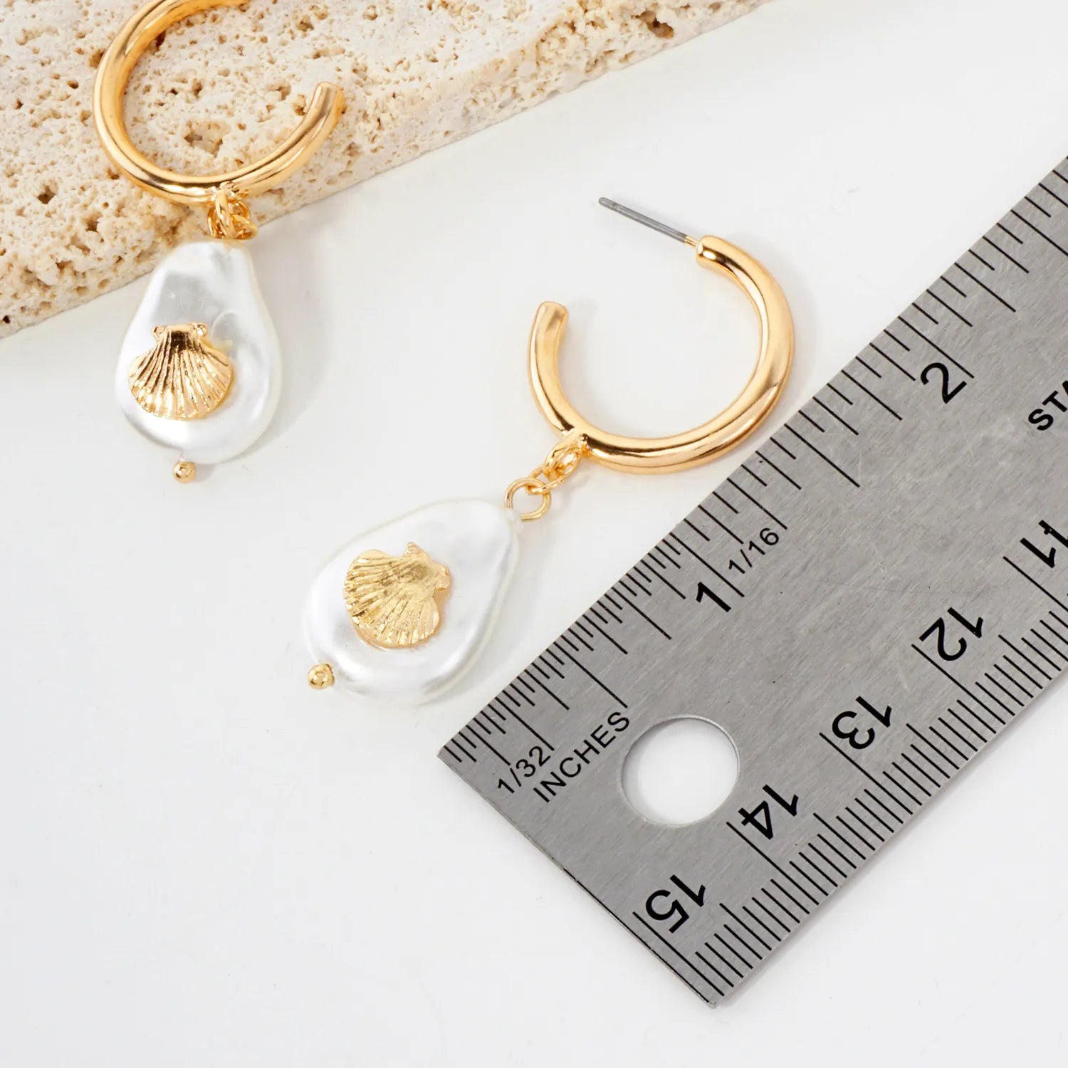 Seashell Teardrop Pearl Drop 20mm Hoop Earrings