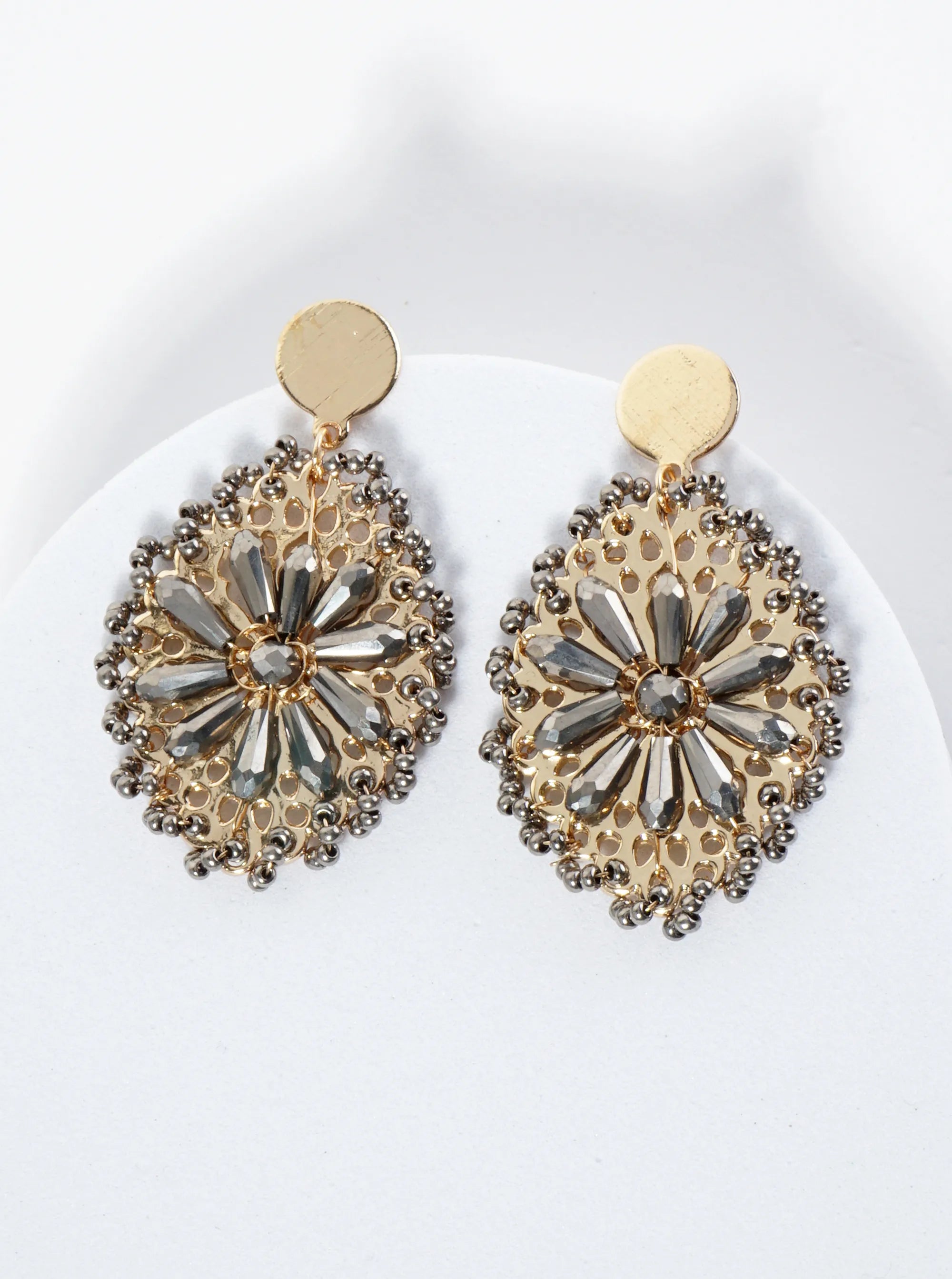 Seed Bead-Wrapped Floral Glass Bead Embellishment Post Drop Earrings