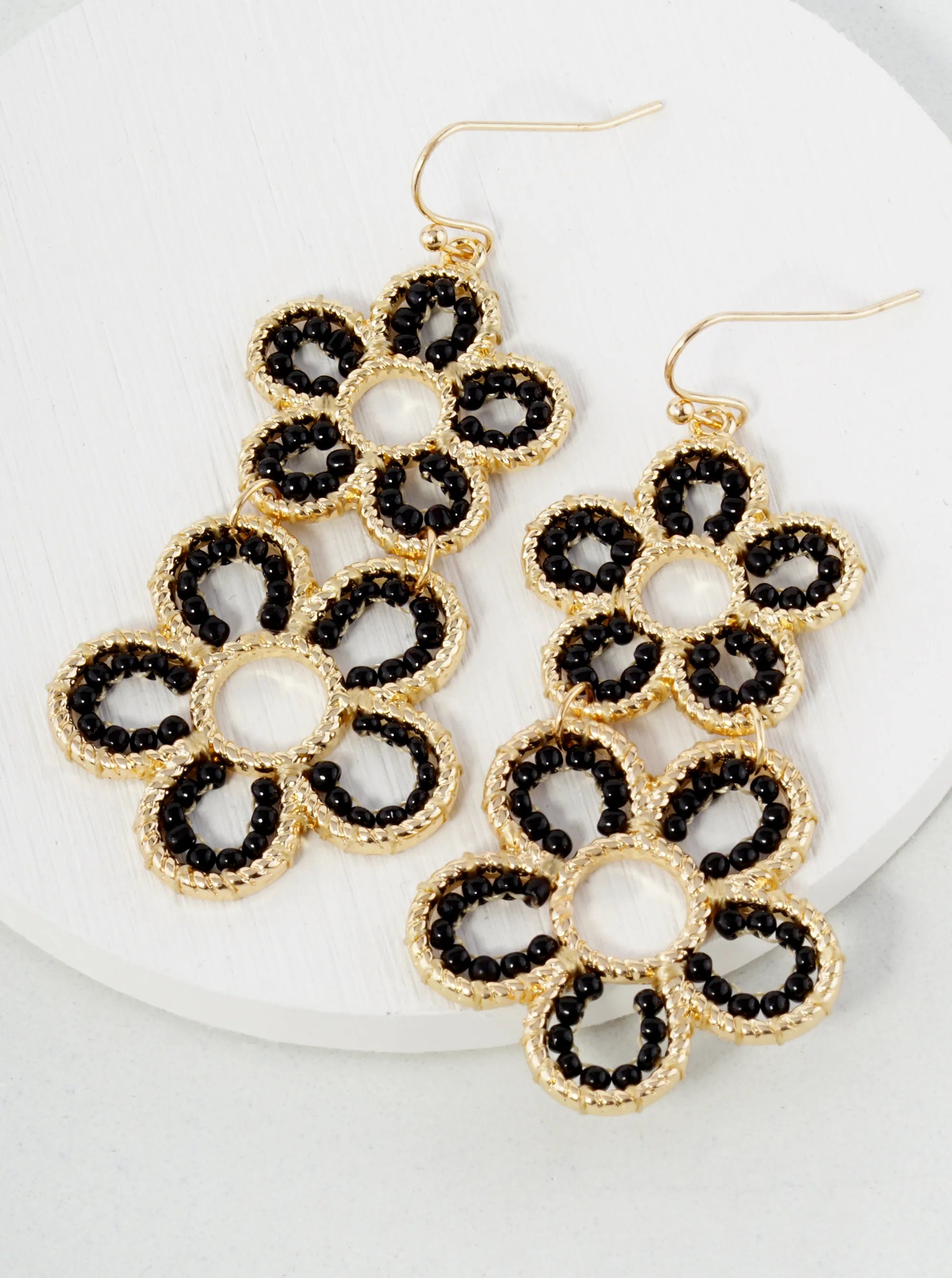 Seed Beaded Double Flower Drop Dangle Earrings