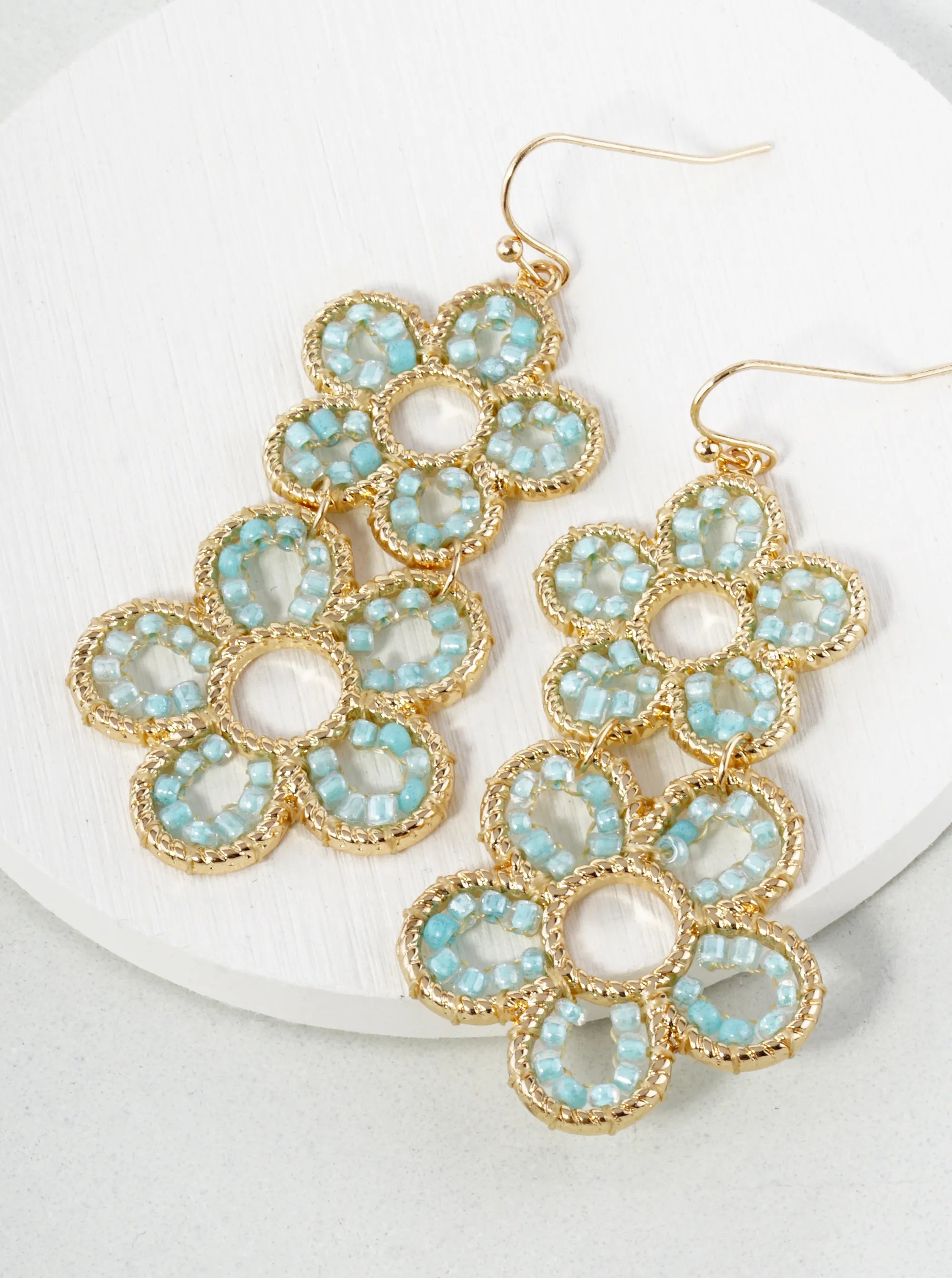 Seed Beaded Double Flower Drop Dangle Earrings