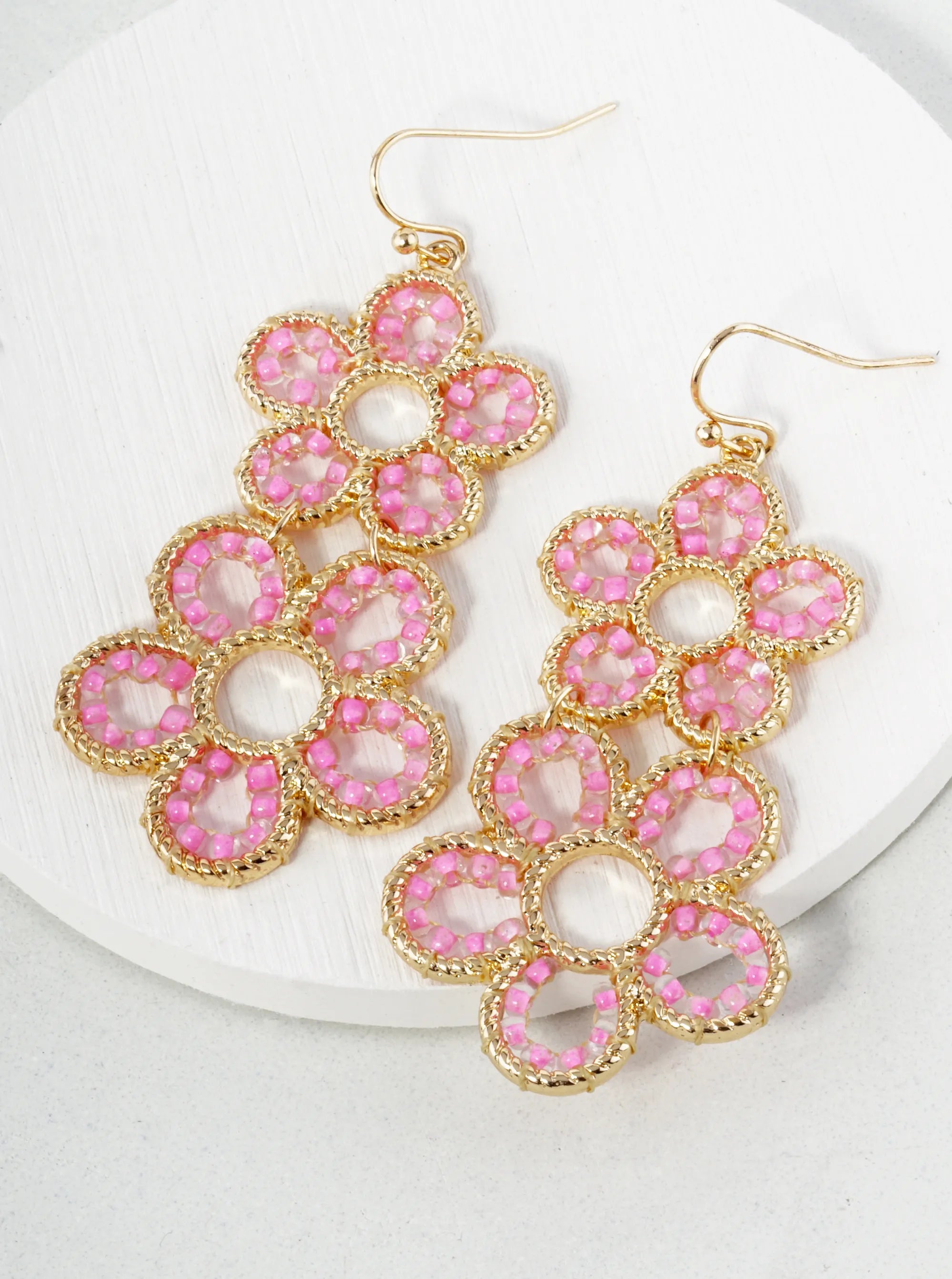 Seed Beaded Double Flower Drop Dangle Earrings