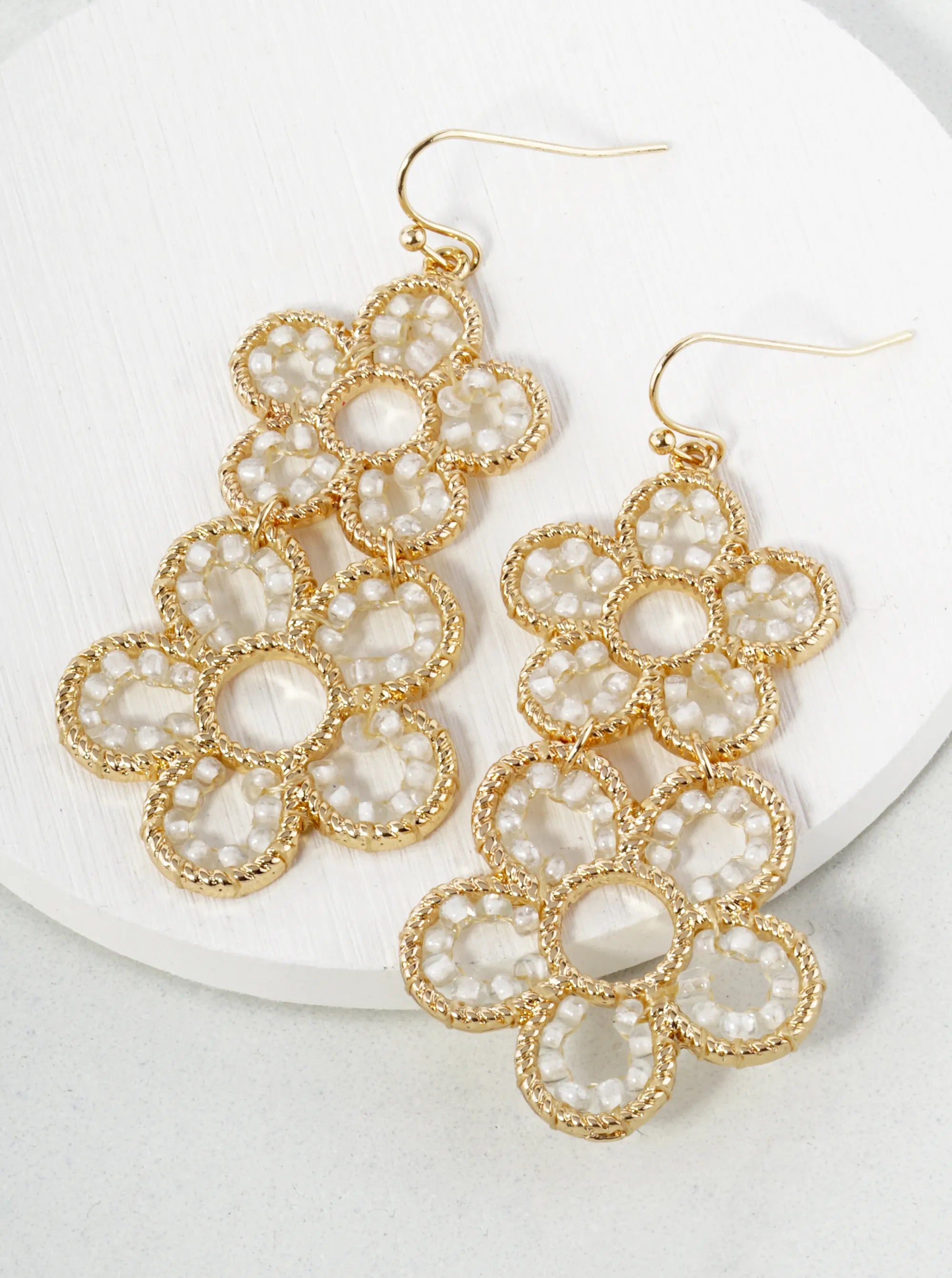 Seed Beaded Double Flower Drop Dangle Earrings