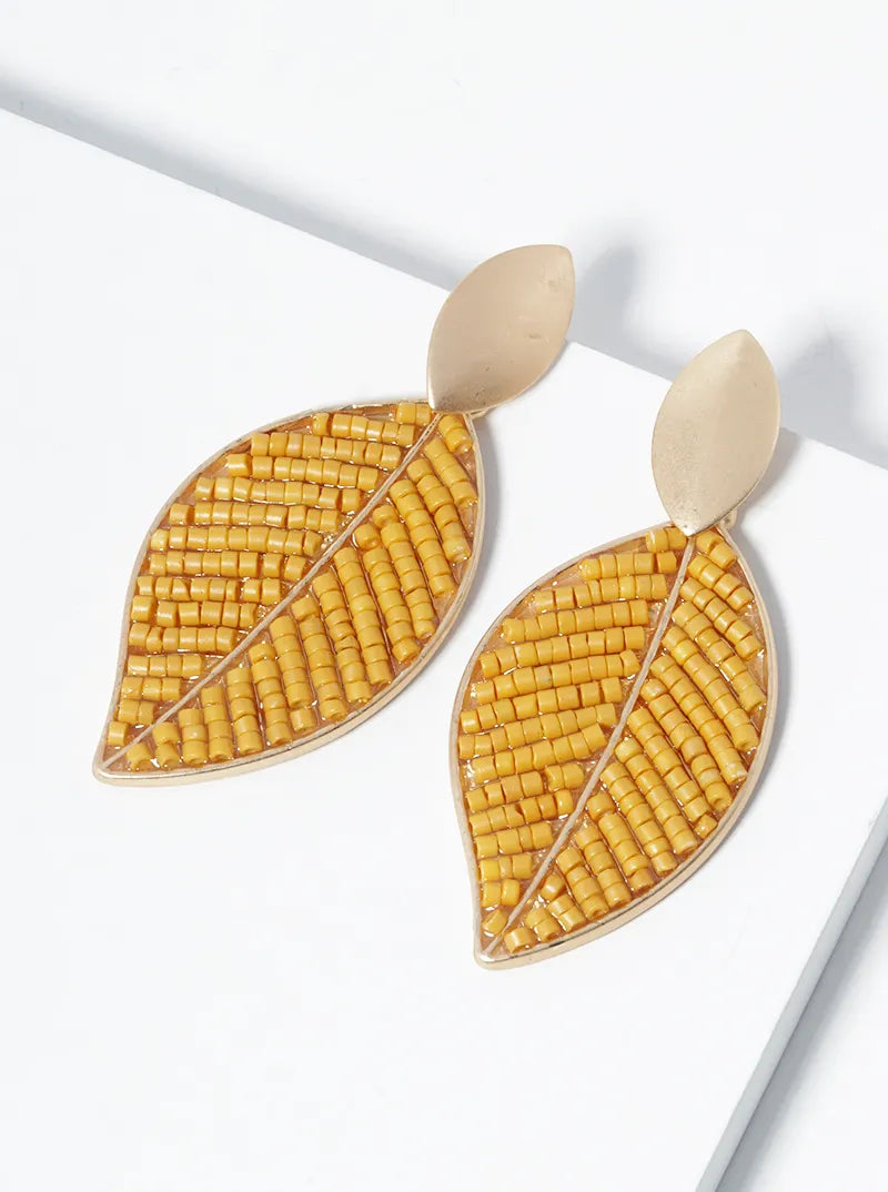 Seed Beaded Leaves Drop Dangle Post Earrings