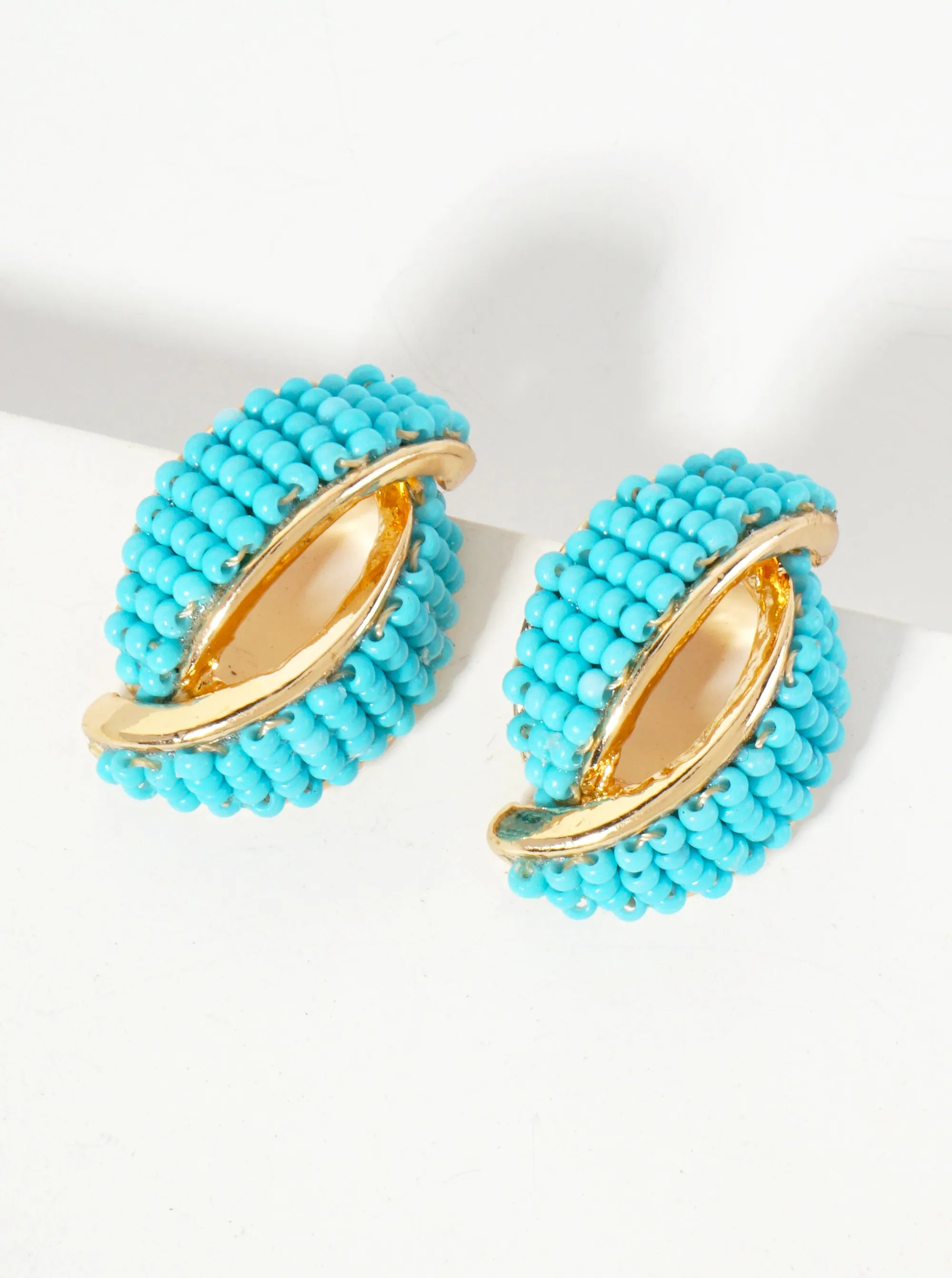 Seed-Beaded Two Overlapping Marquise Shapes Stud Earrings