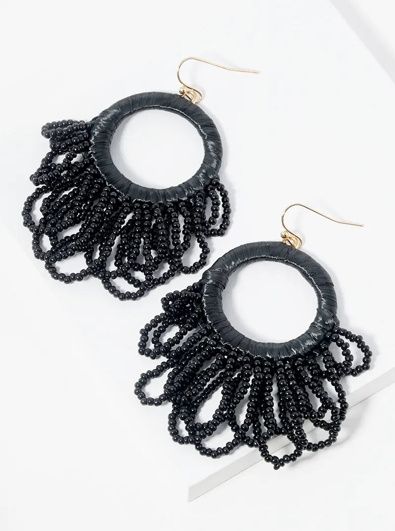 Seed Beads Drop Raffia Wrapped Circle Dangle Statement Earrings