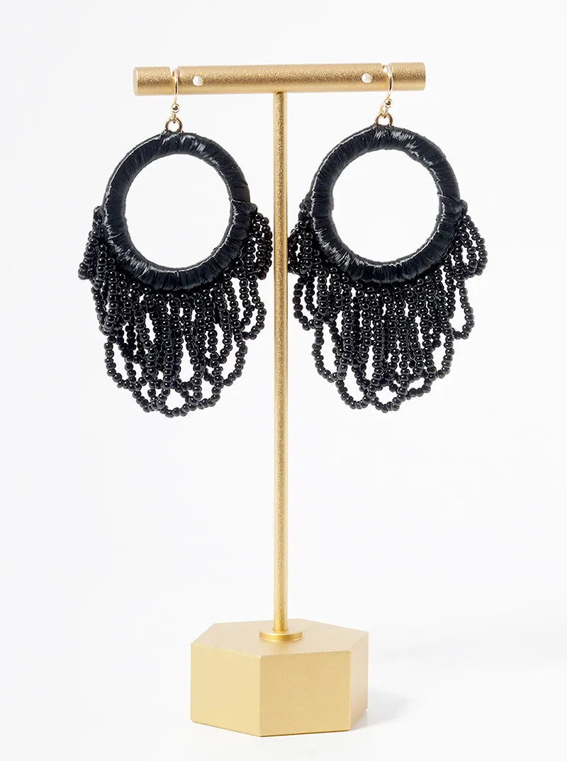 Seed Beads Drop Raffia Wrapped Circle Dangle Statement Earrings