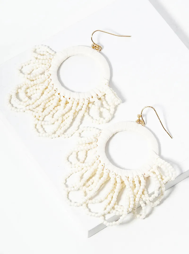 Seed Beads Drop Raffia Wrapped Circle Dangle Statement Earrings