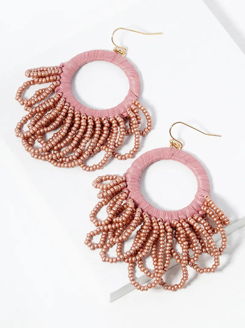Seed Beads Drop Raffia Wrapped Circle Dangle Statement Earrings