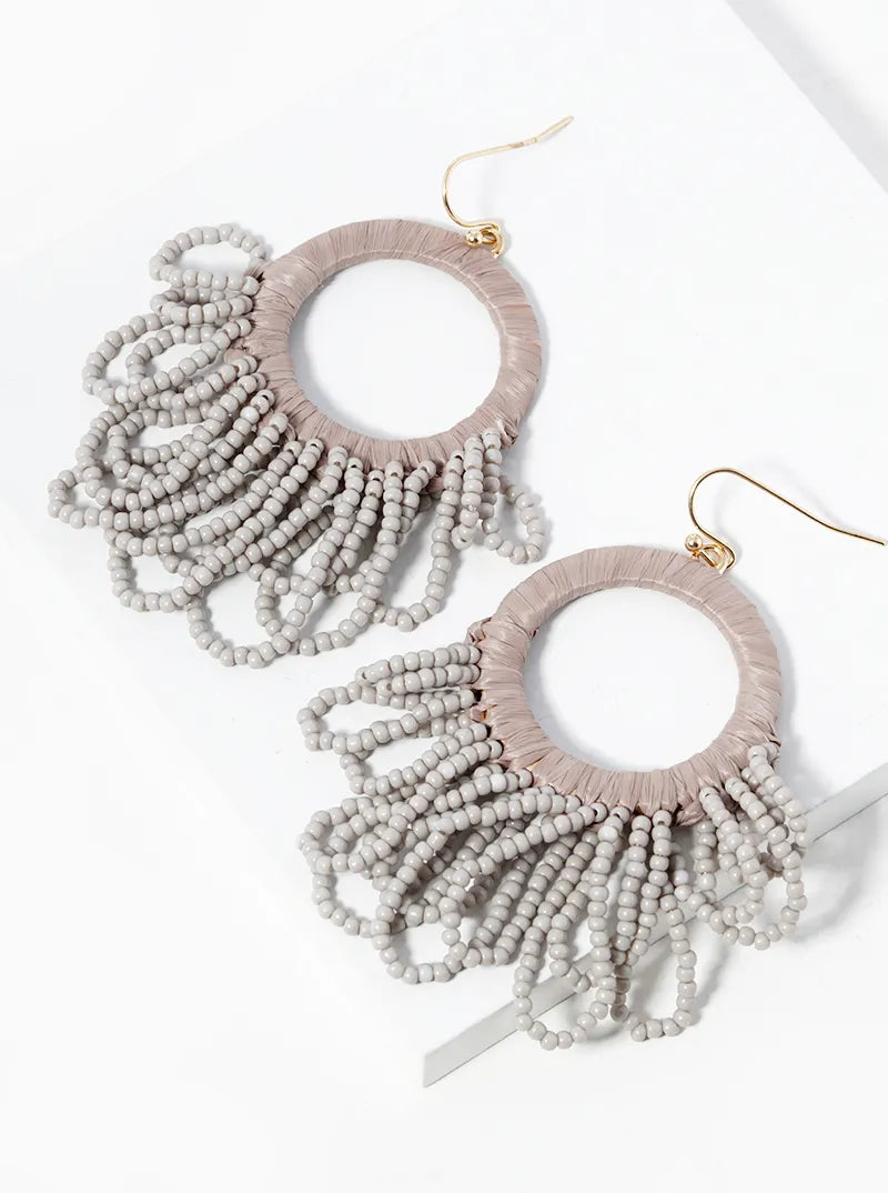 Seed Beads Drop Raffia Wrapped Circle Dangle Statement Earrings