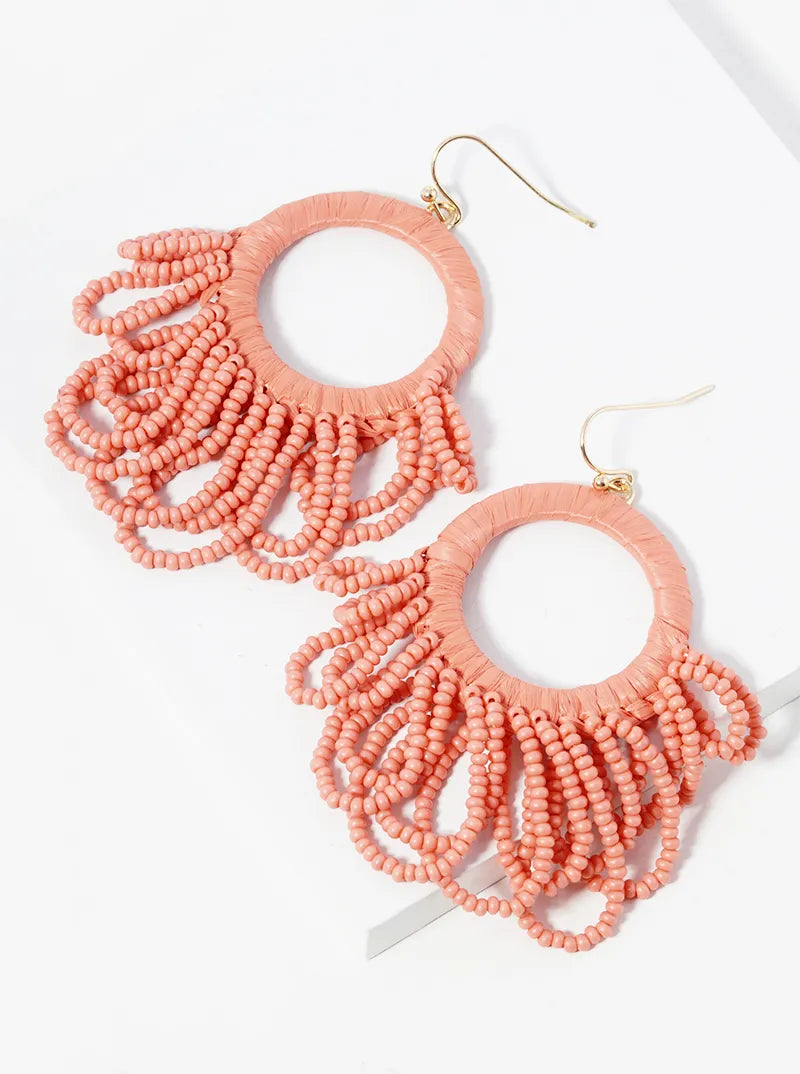 Seed Beads Drop Raffia Wrapped Circle Dangle Statement Earrings