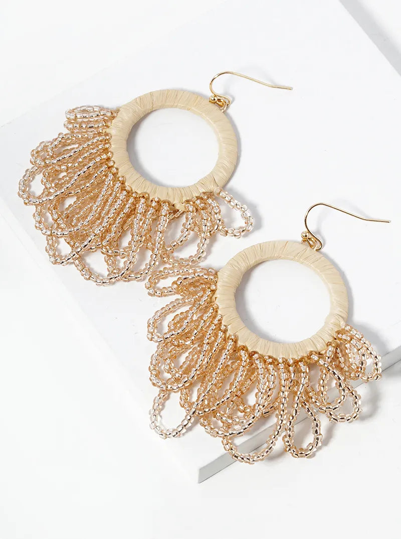 Seed Beads Drop Raffia Wrapped Circle Dangle Statement Earrings