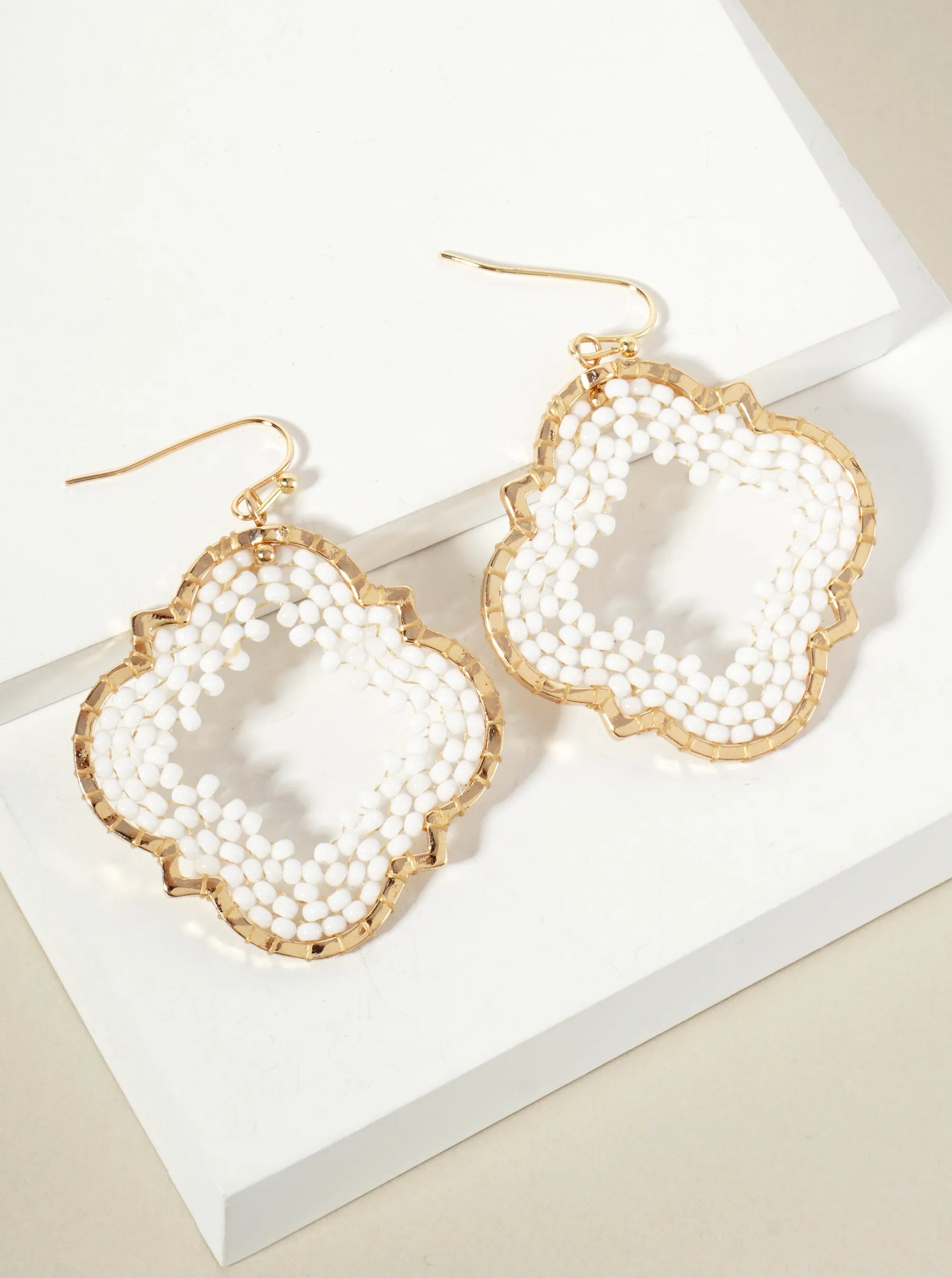 Seed-Beads Thread-Wrapped Quatrefoil Dangle Earrings