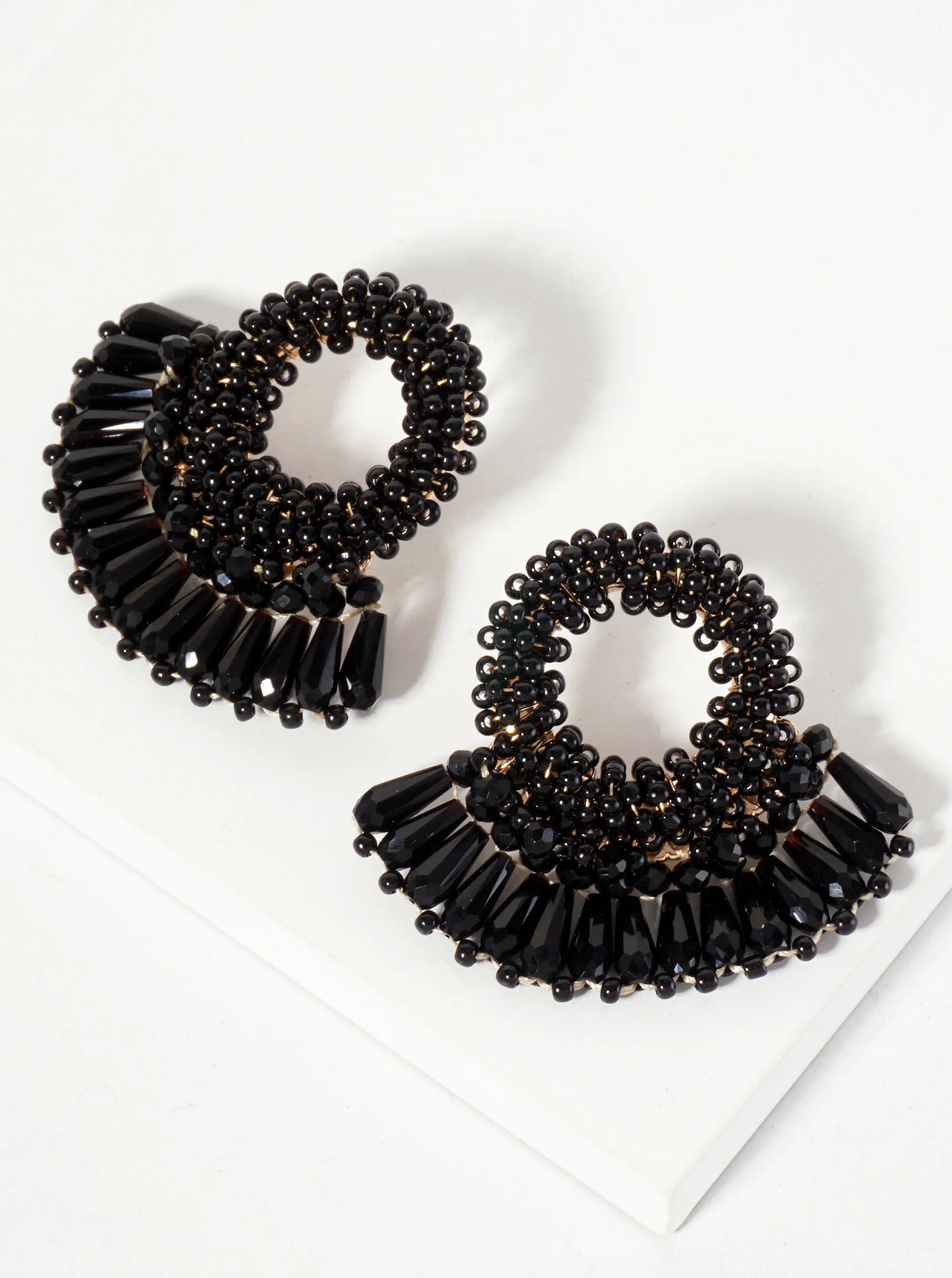 Seed Beads Wire-Wrapped Circle With Angular Beads Fringe Earrings