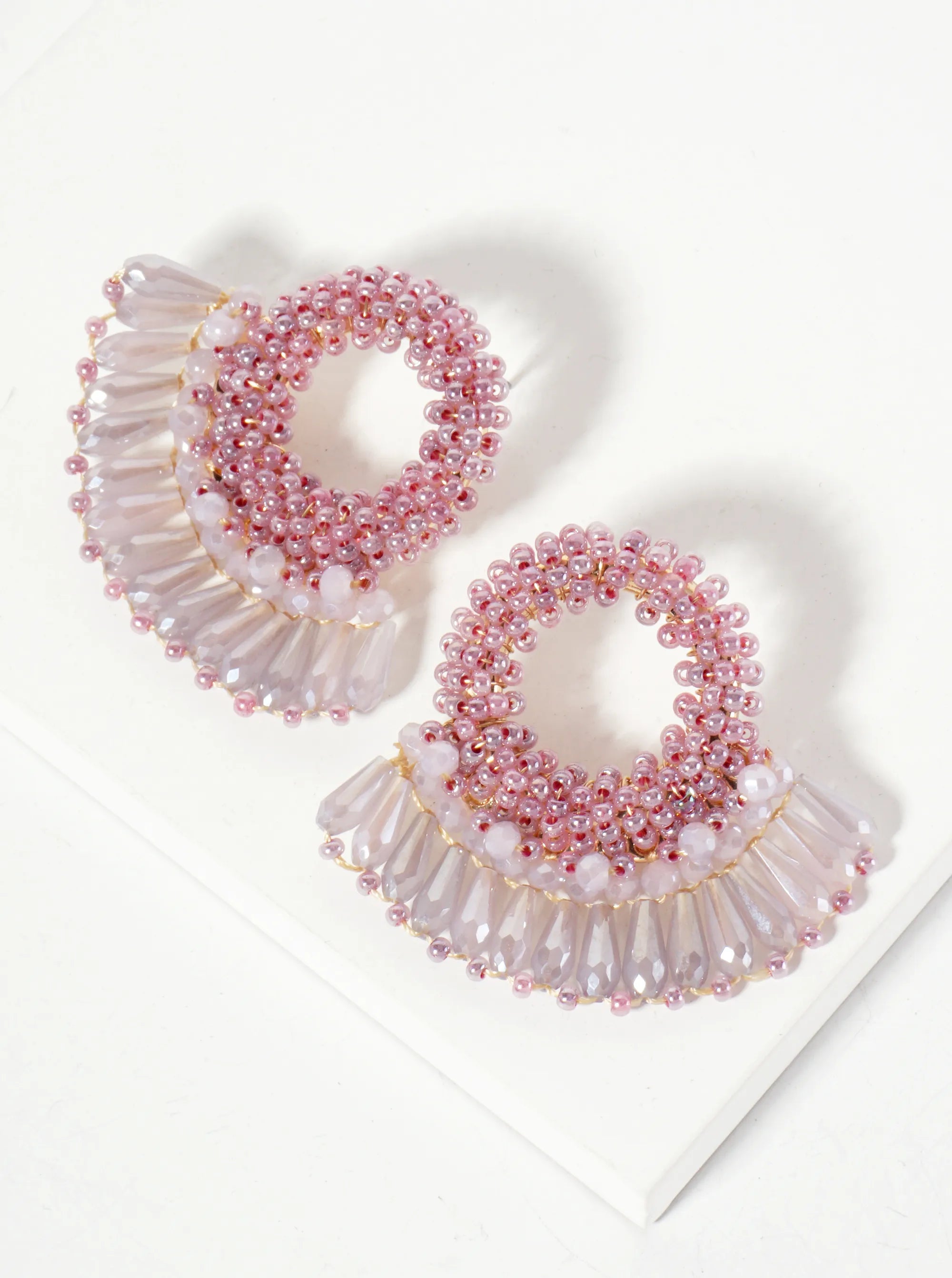 Seed Beads Wire-Wrapped Circle With Angular Beads Fringe Earrings