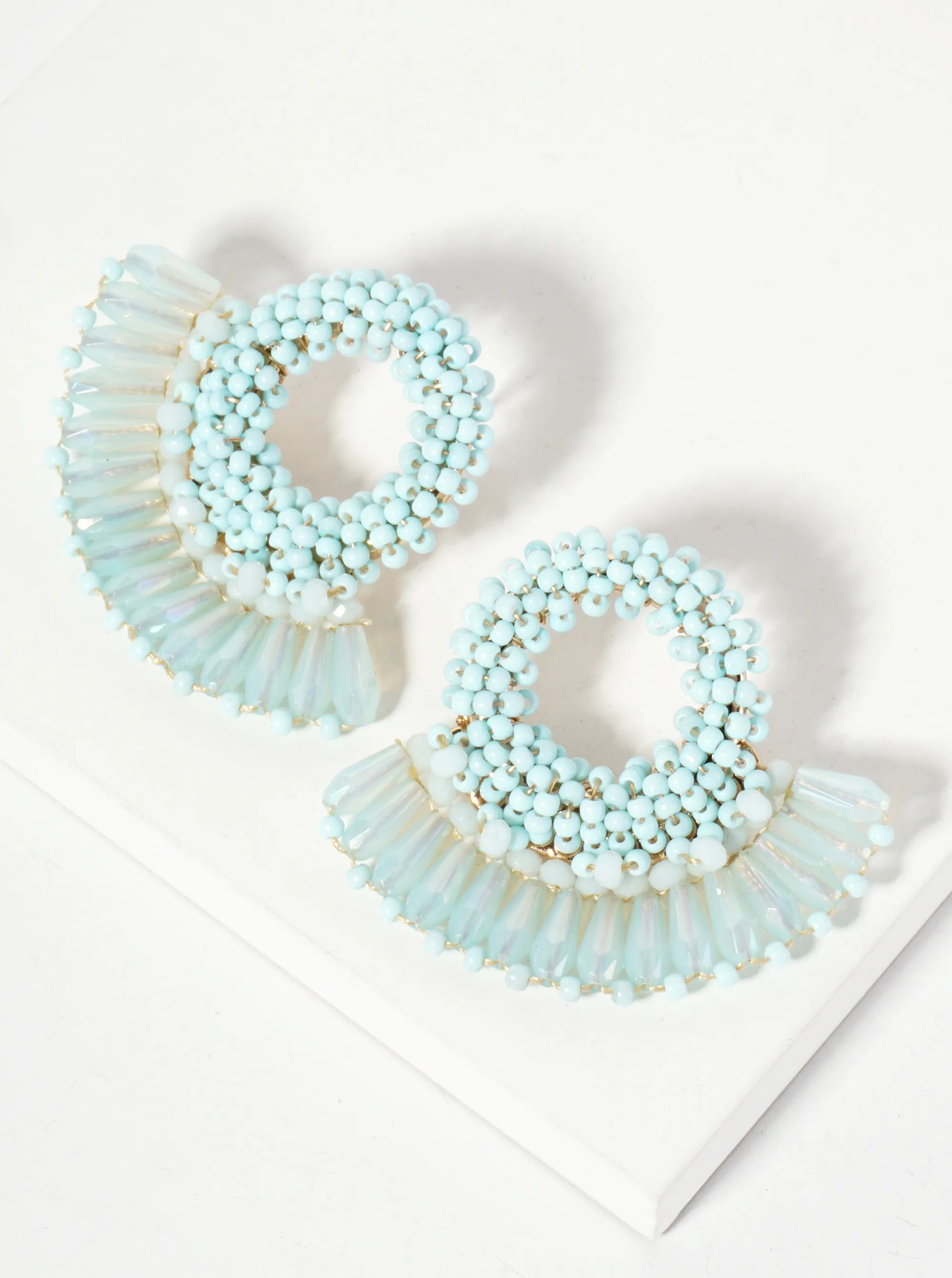 Seed Beads Wire-Wrapped Circle With Angular Beads Fringe Earrings