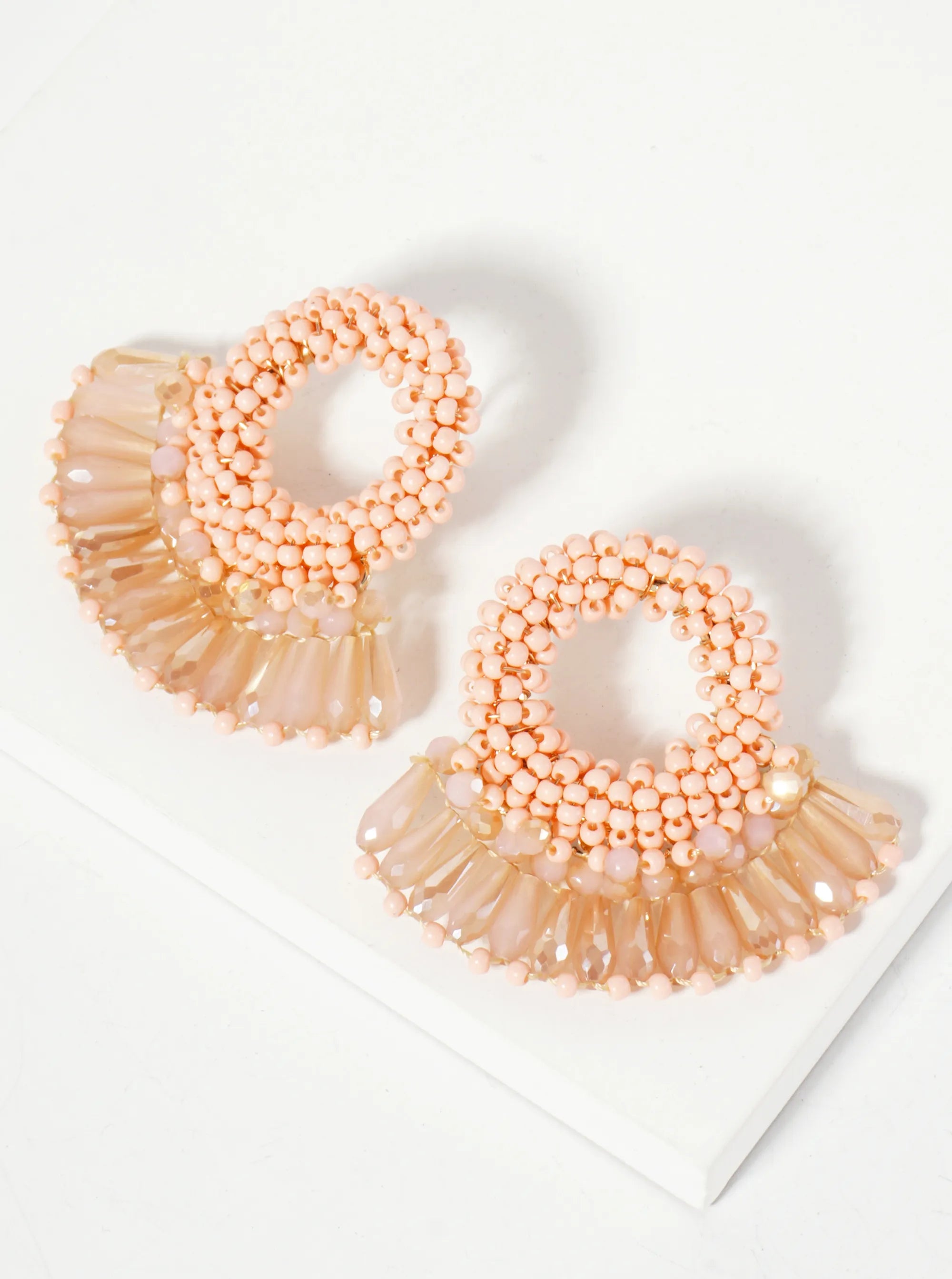 Seed Beads Wire-Wrapped Circle With Angular Beads Fringe Earrings